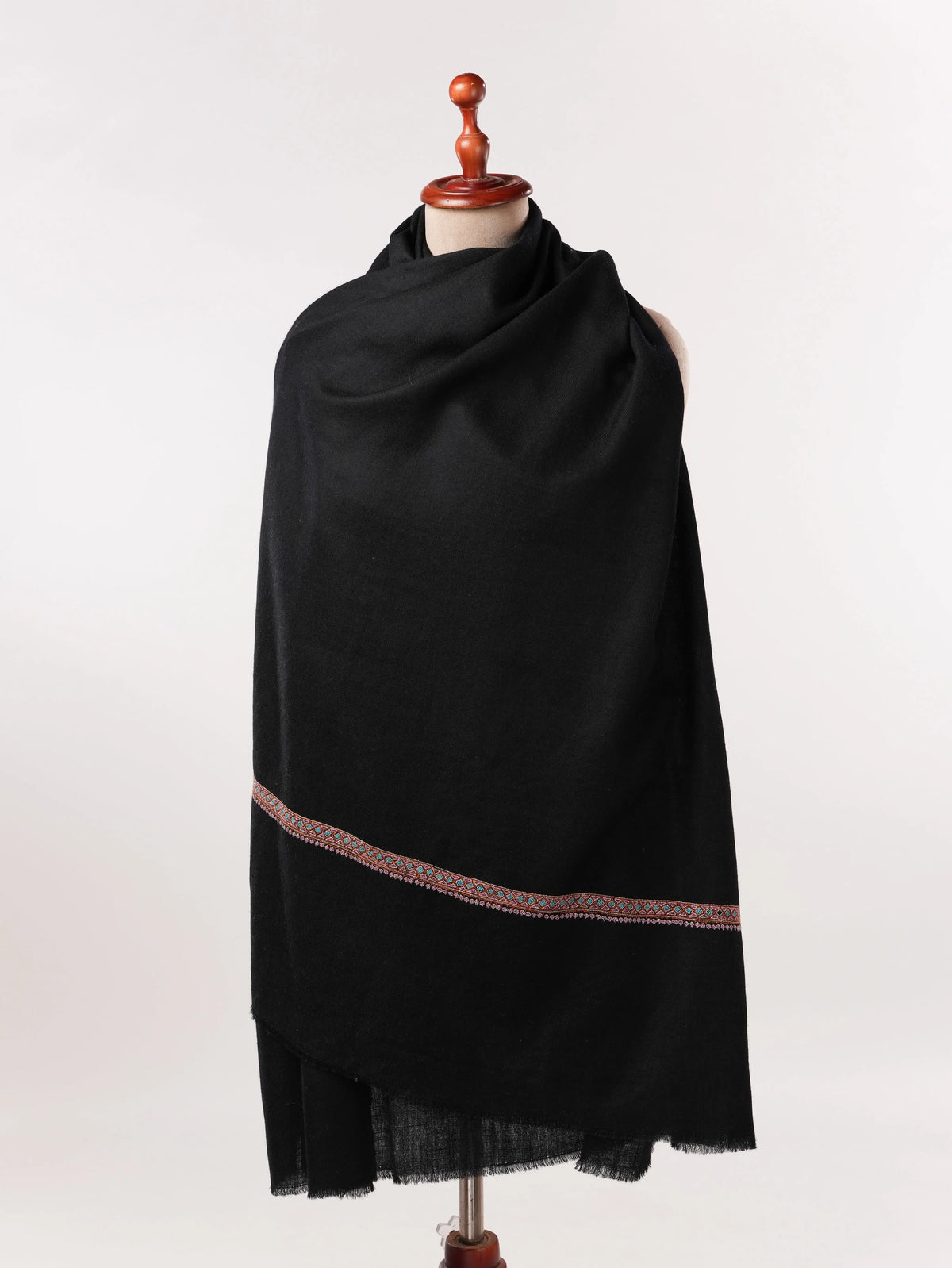 Handspun Authentic Black Pashmina Shawl with Classic Hashia Embroidery