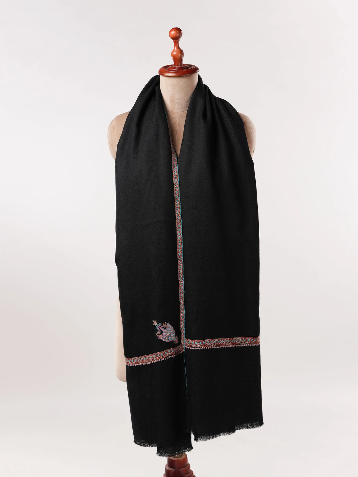 Handspun Authentic Black Pashmina Shawl with Classic Hashia Embroidery