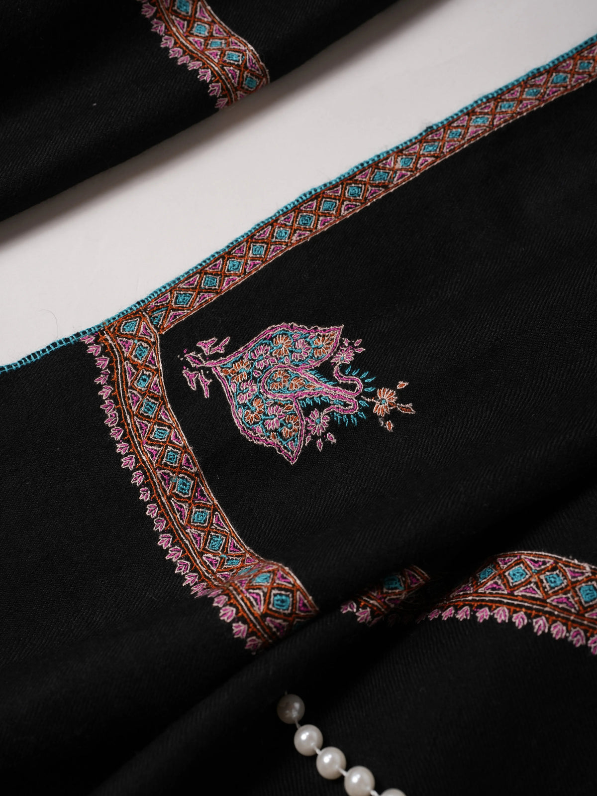 Handspun Authentic Black Pashmina Shawl with Classic Hashia Embroidery