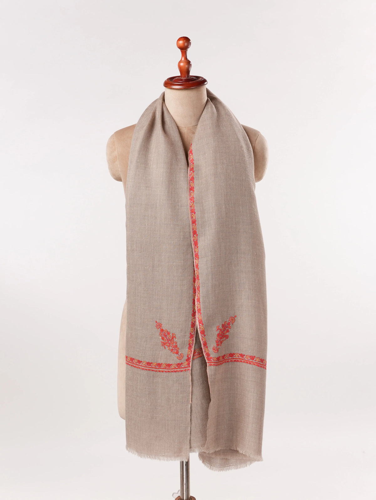 Handwoven Pure Pashmina Natural Beige Shawl with Baildar Sozni Embroidery