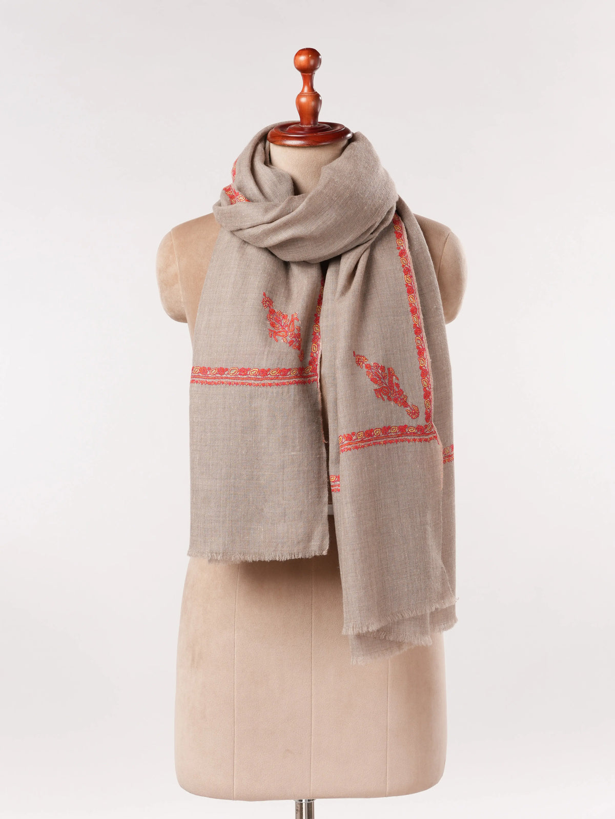 Handwoven Pure Pashmina Natural Beige Shawl with Baildar Sozni Embroidery