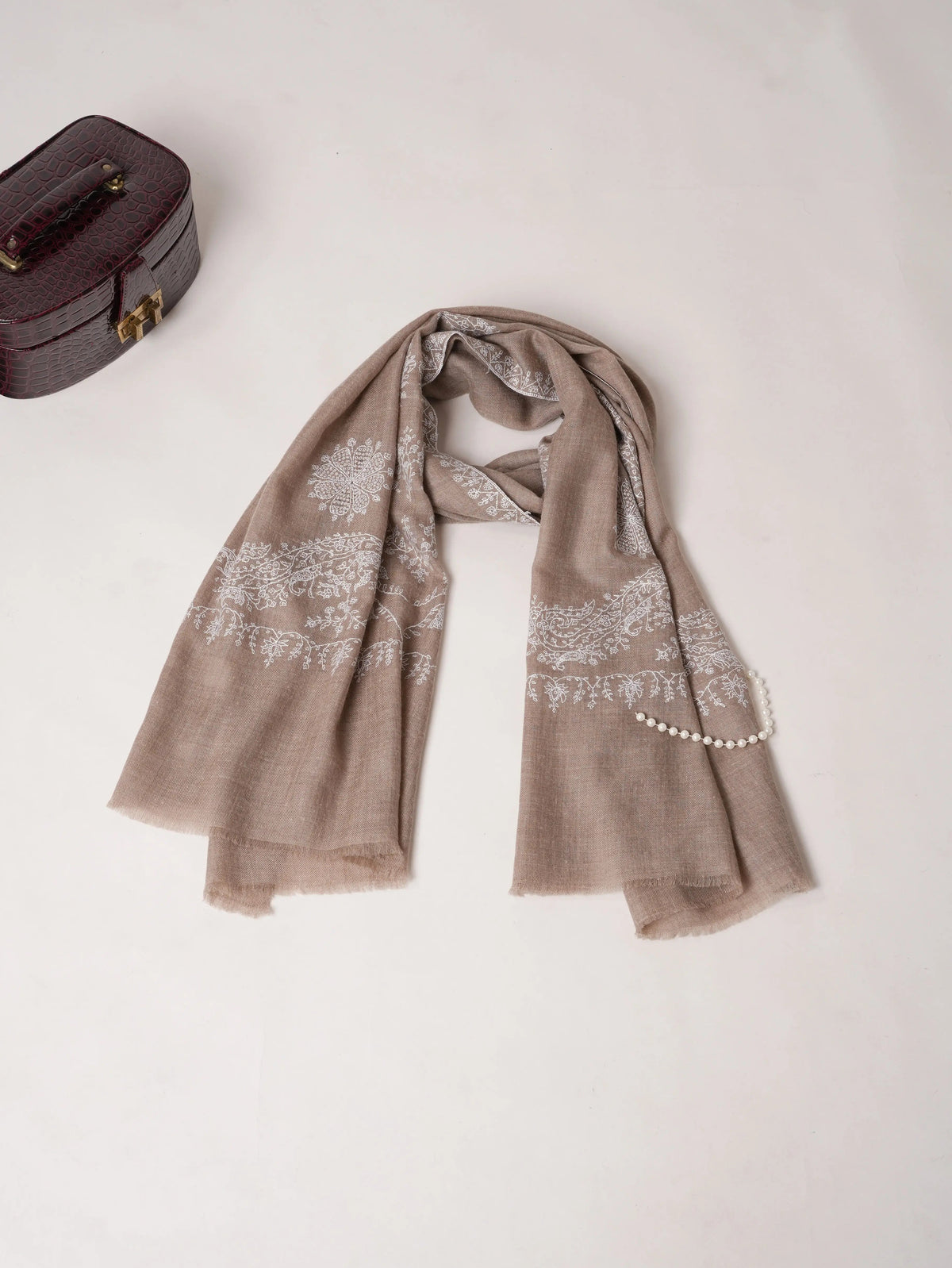 Natural Beige Palla White Sozni Embroidered Cashmere Scarf