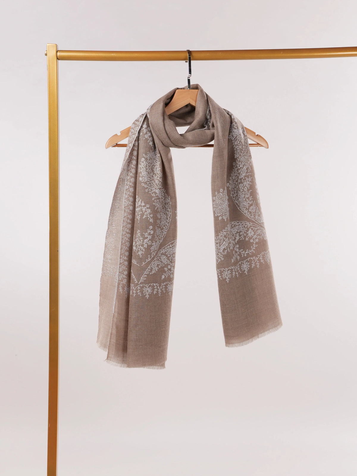 Natural Beige Palla White Sozni Embroidered Cashmere Scarf