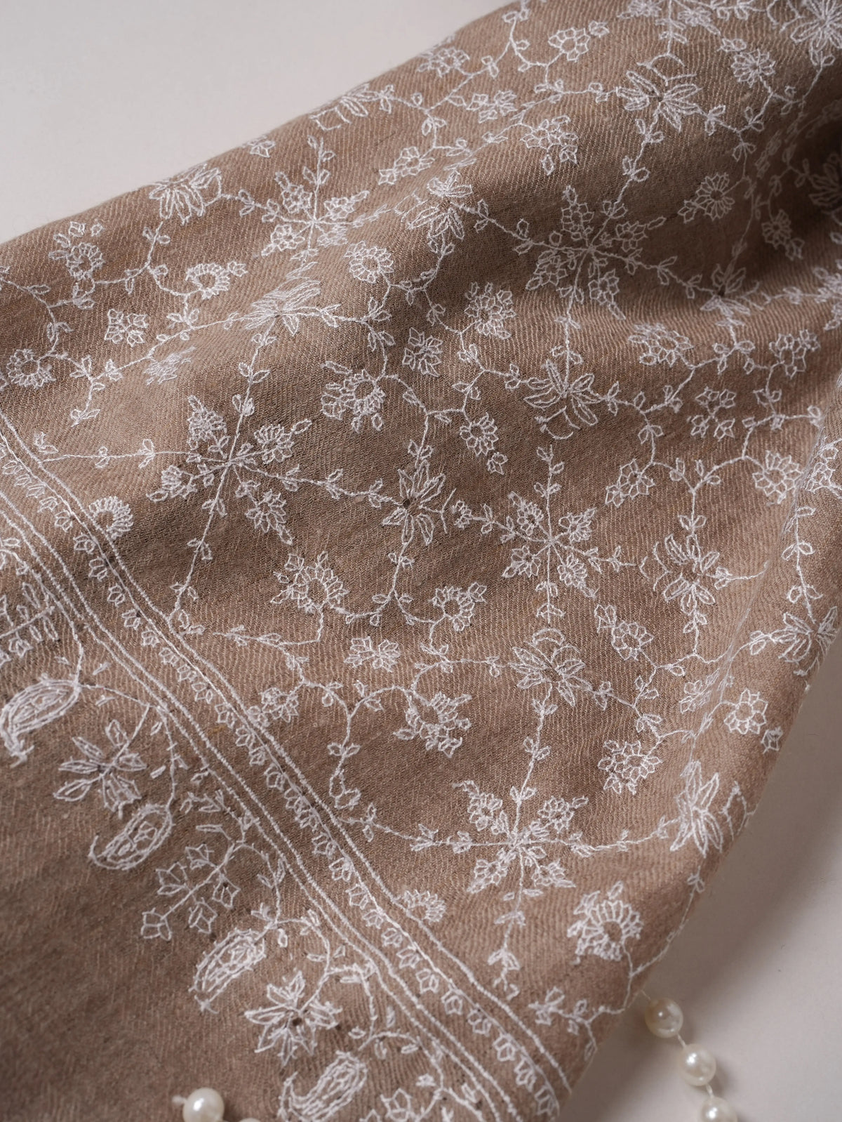 Natural Beige Pure Cashmere Scarf with Jali Embroidery