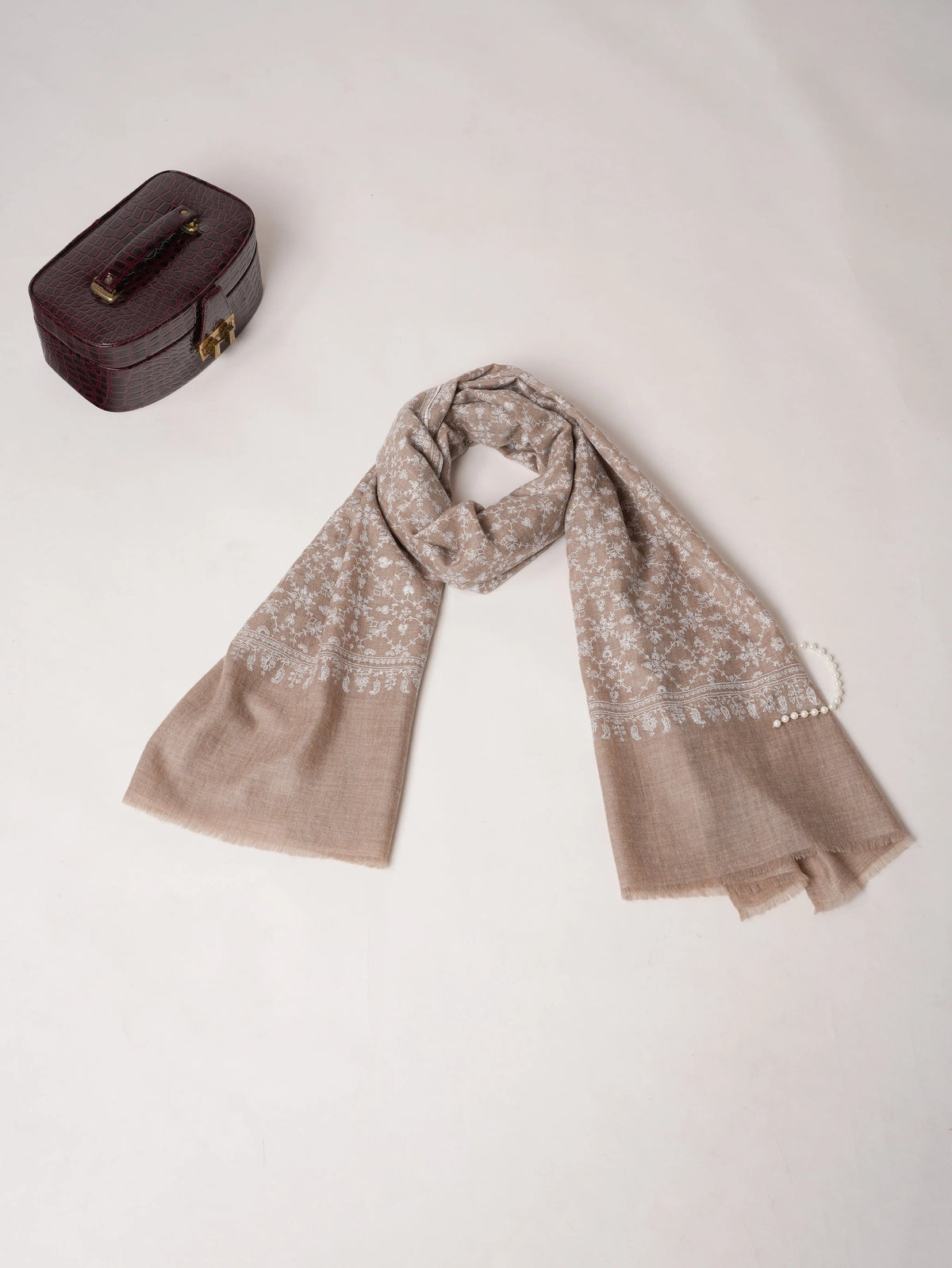 Natural Beige Pure Cashmere Scarf with Jali Embroidery