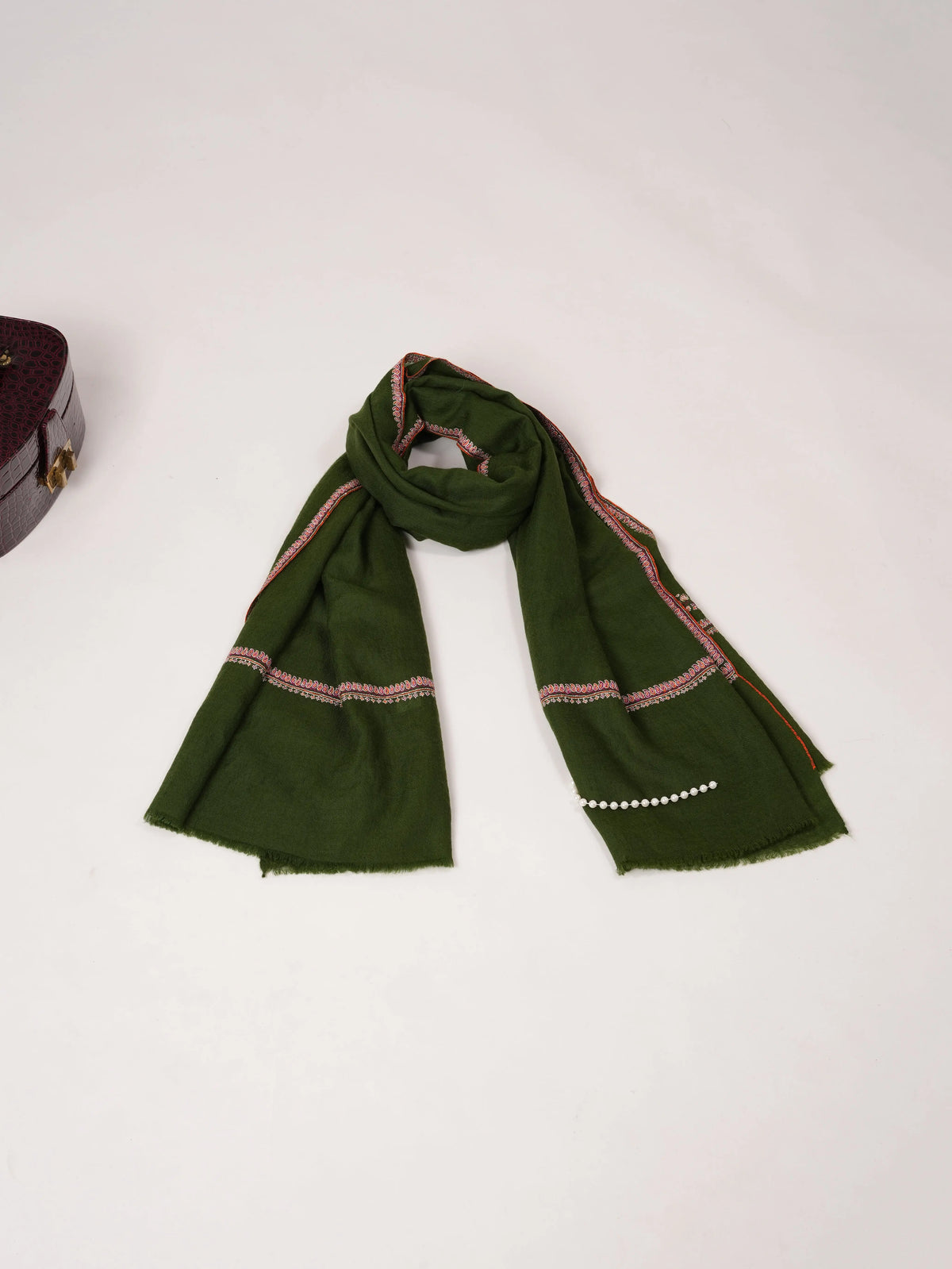 Dark Green Baildar Embroidered Handwoven Textured Pashmina Shawl