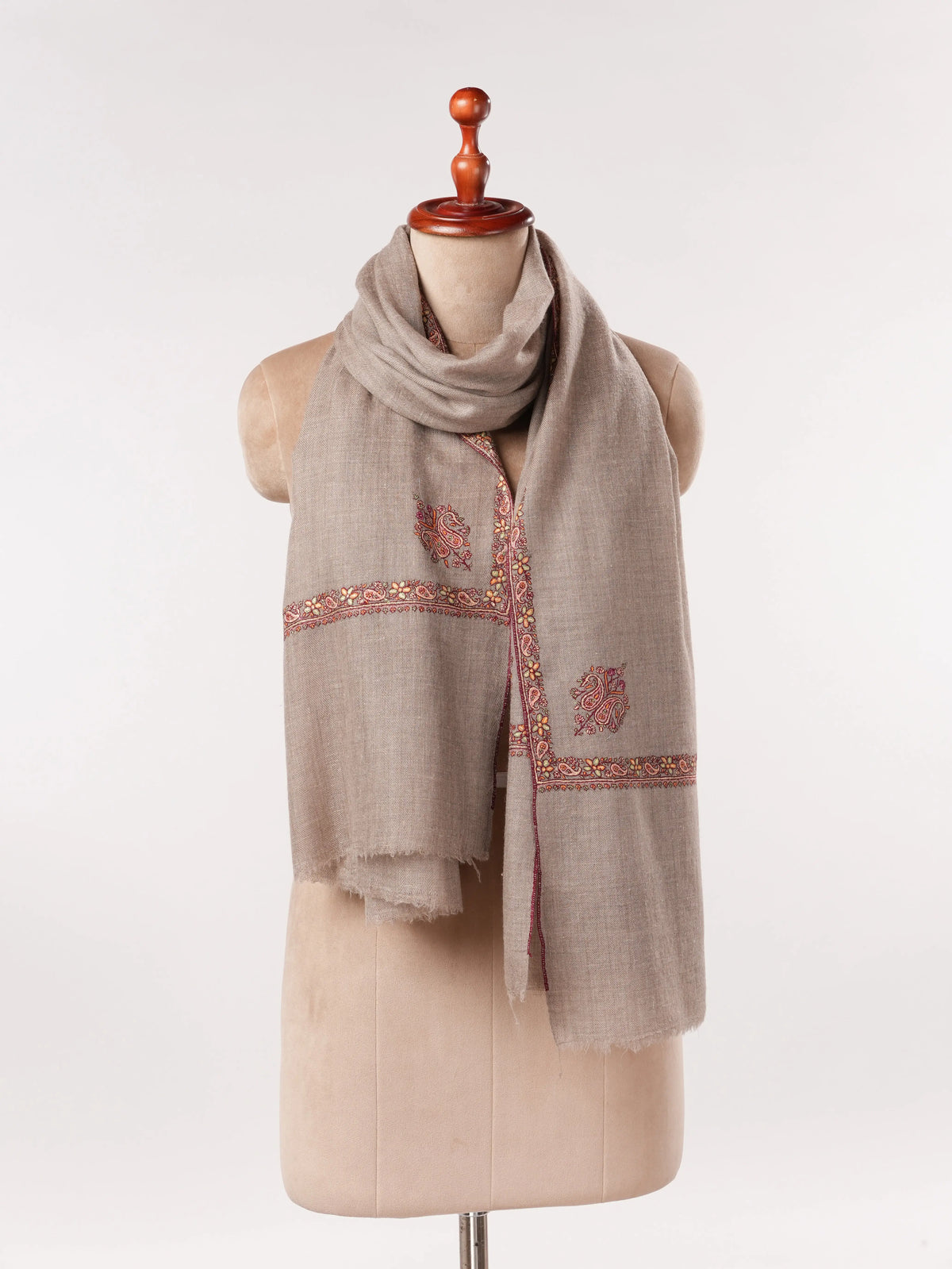 Beige Sozni Hashia Embroidered Handwoven Pure Cashmere Scarf