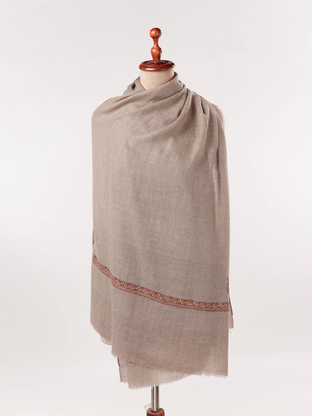 Beige Sozni Hashia Embroidered Handwoven Pure Cashmere Scarf