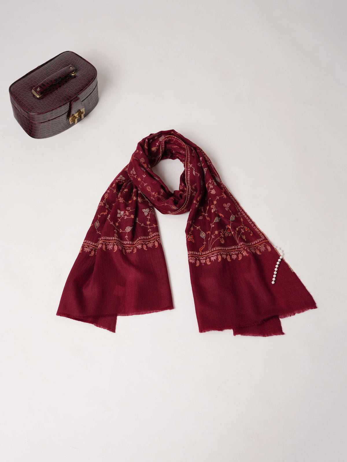 Burgundy Soft Cashmere Scarf with Classic Jali Sozni Embroidery