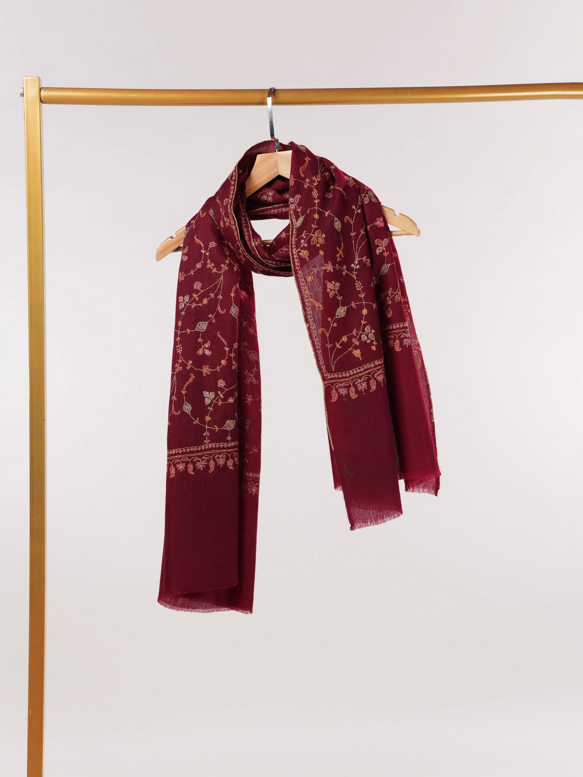 Burgundy Soft Cashmere Scarf with Classic Jali Sozni Embroidery