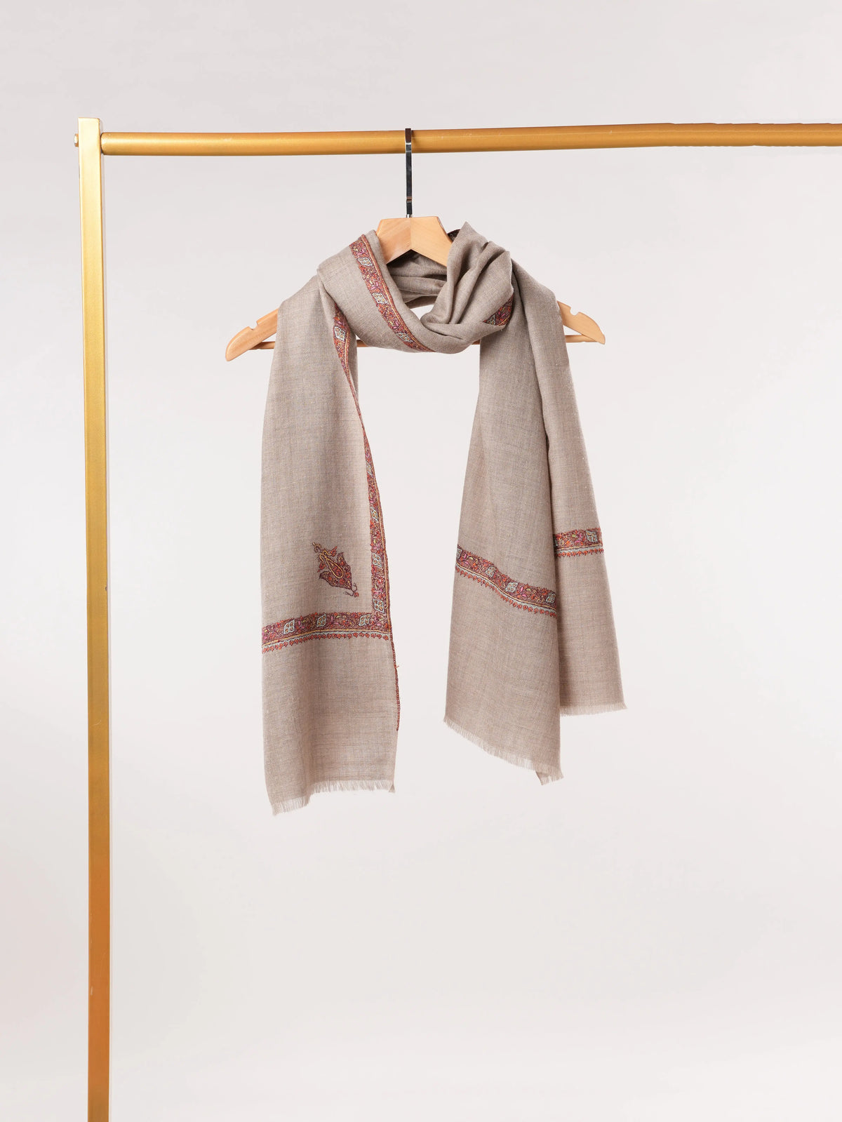 Natural Beige Classic Cashmere Scarf with Hashia Embroidery