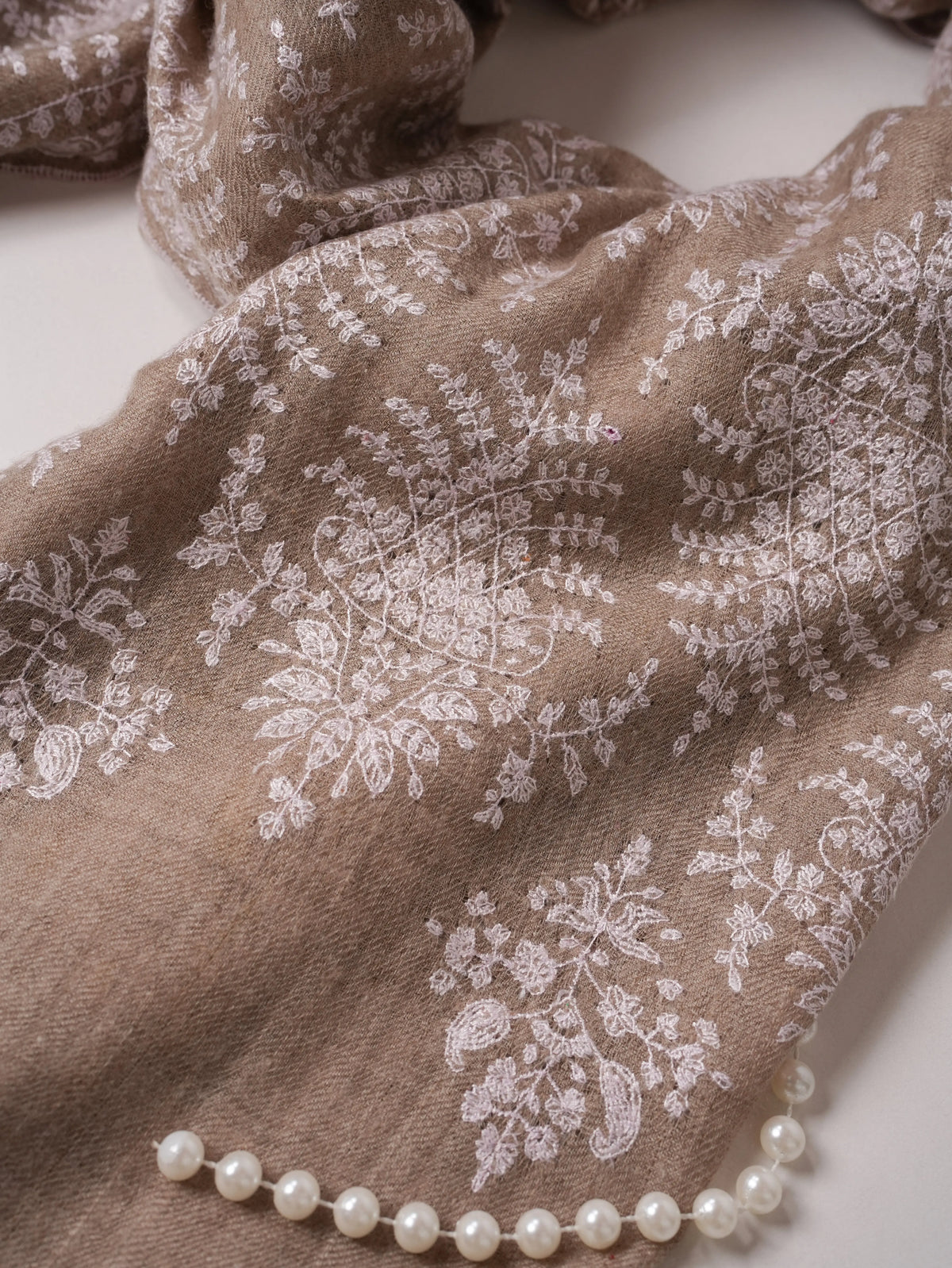 Natural Beige Soft Cashmere Scarf with Sozni Jamawar Embroidery