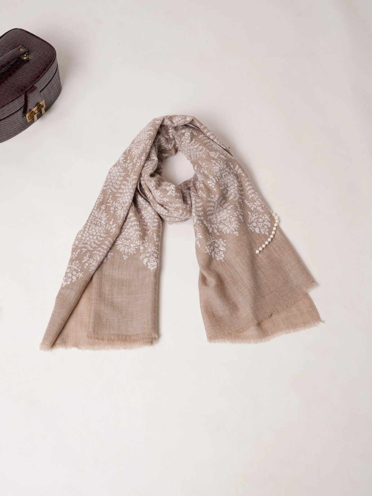 Natural Beige Soft Cashmere Scarf with Sozni Jamawar Embroidery