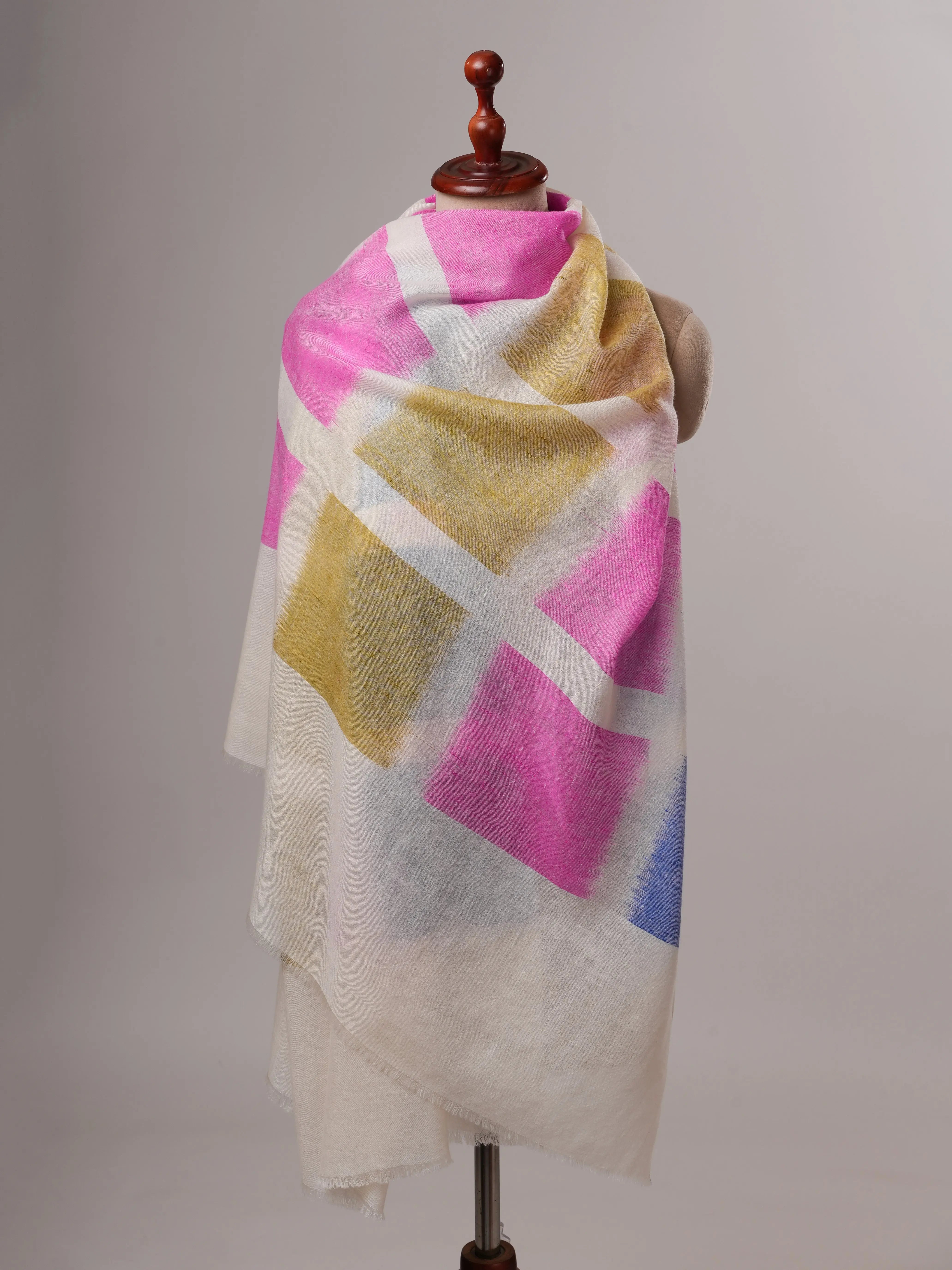 Handloom Ivory Ikat Shawl with Multicolor Accents Shahkaar