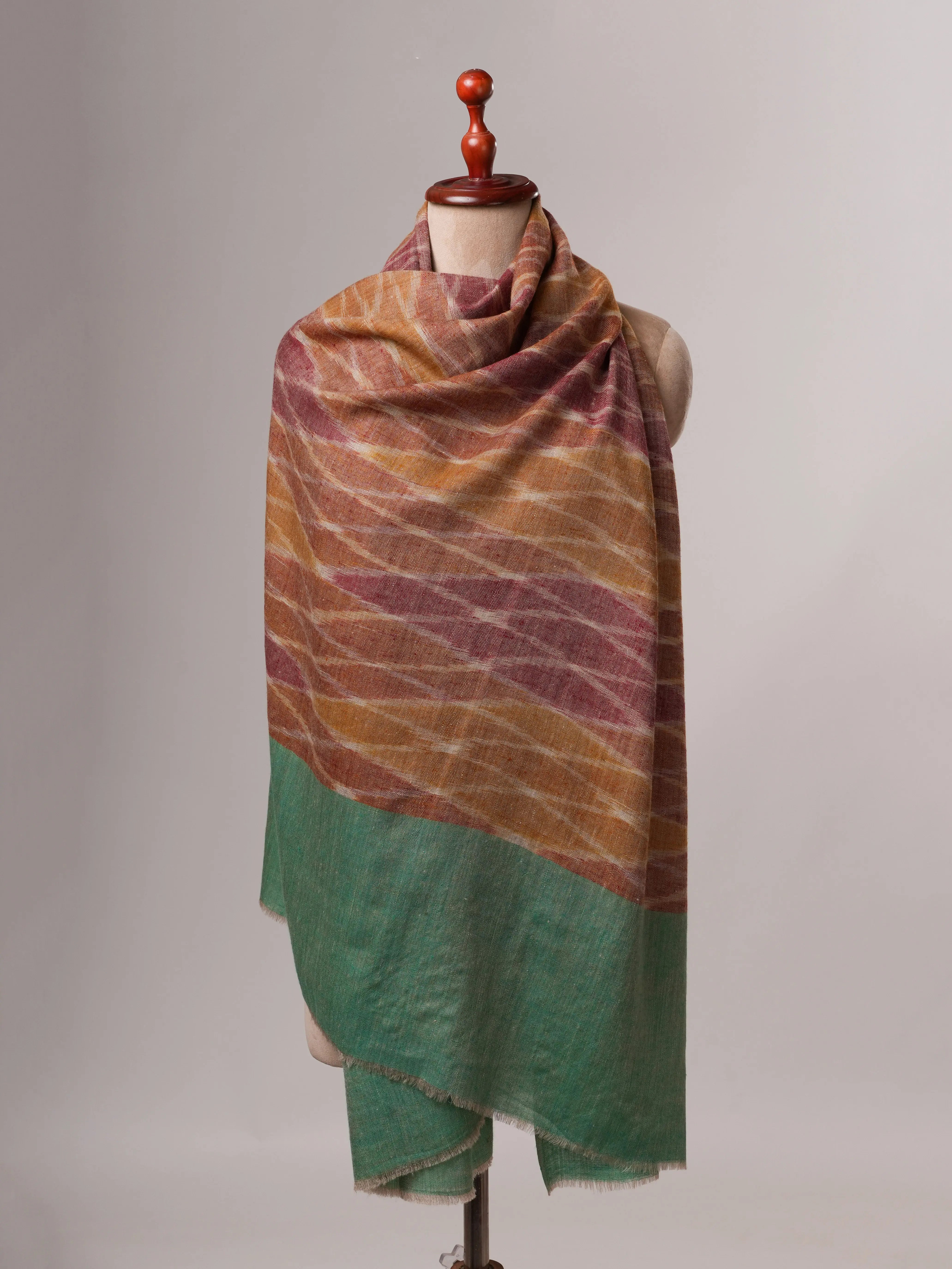 Artisan Ikat Pashmina Shawl Featuring Green Accented Ends