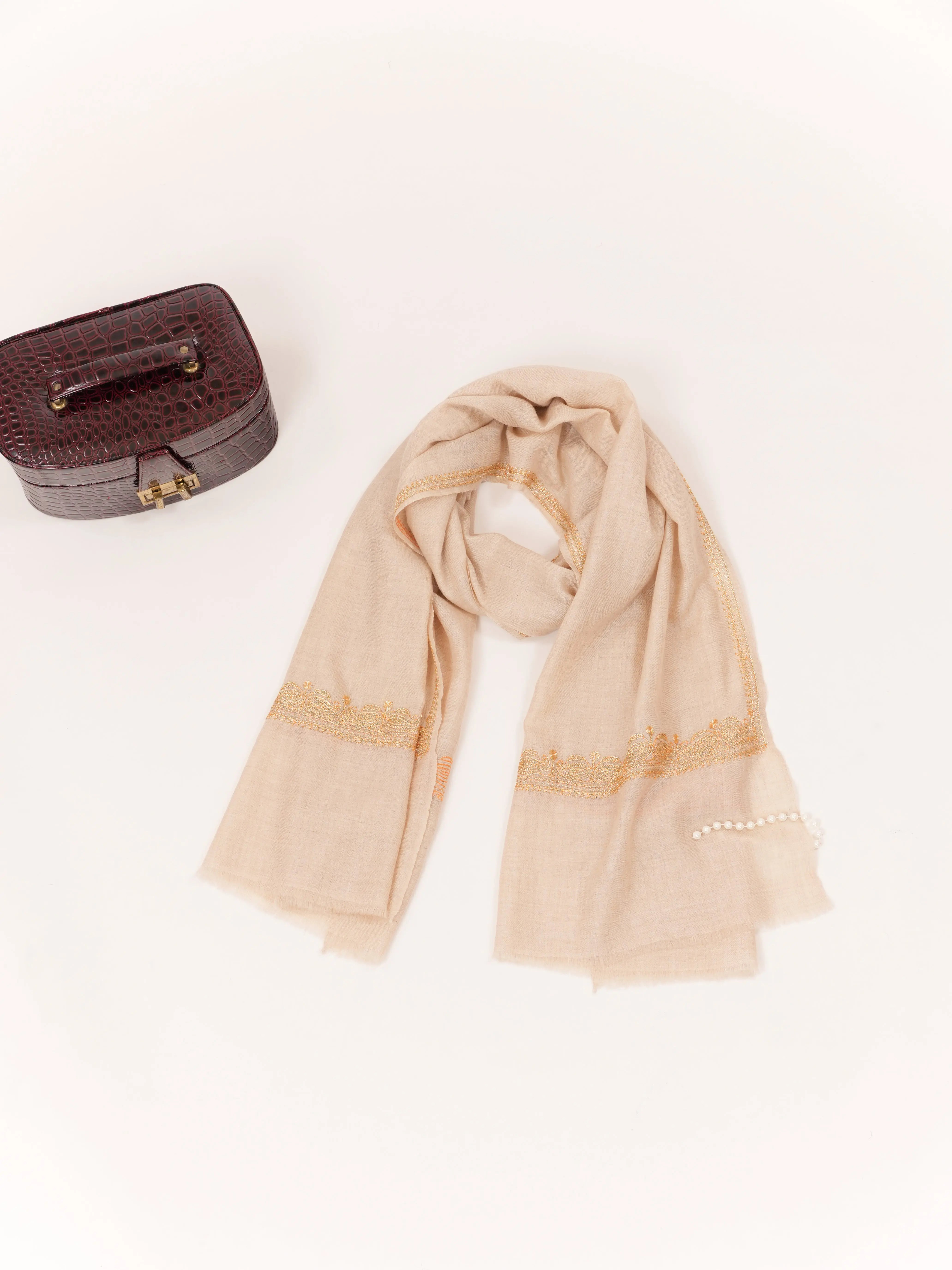 Natural Off White Cashmere Scarf with Gold Tilla Hand Embroidery Shahkaar.com