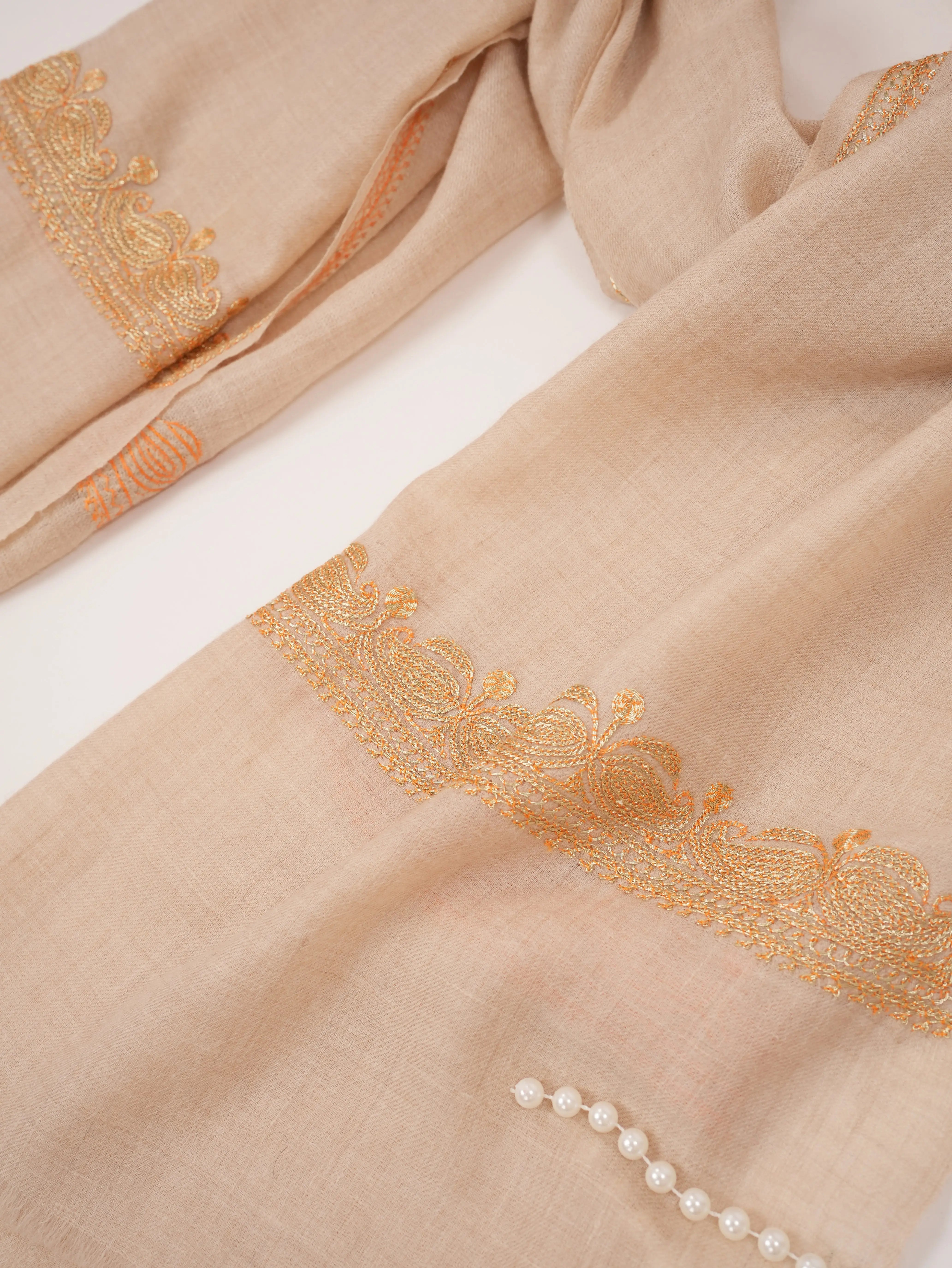 Natural Off White Cashmere Scarf with Gold Tilla Hand Embroidery Shahkaar.com
