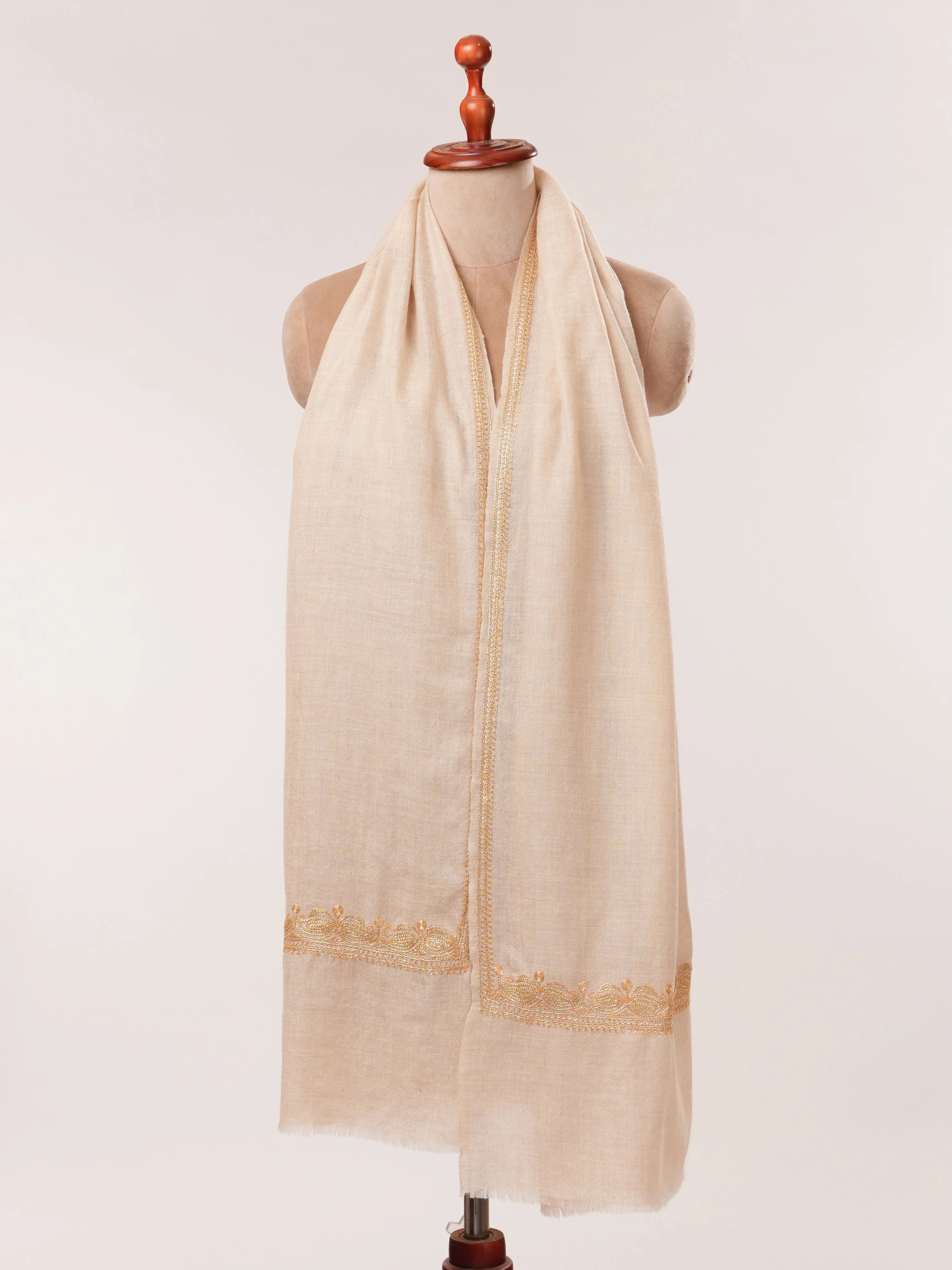 Natural Off White Cashmere Scarf with Gold Tilla Hand Embroidery Shahkaar.com
