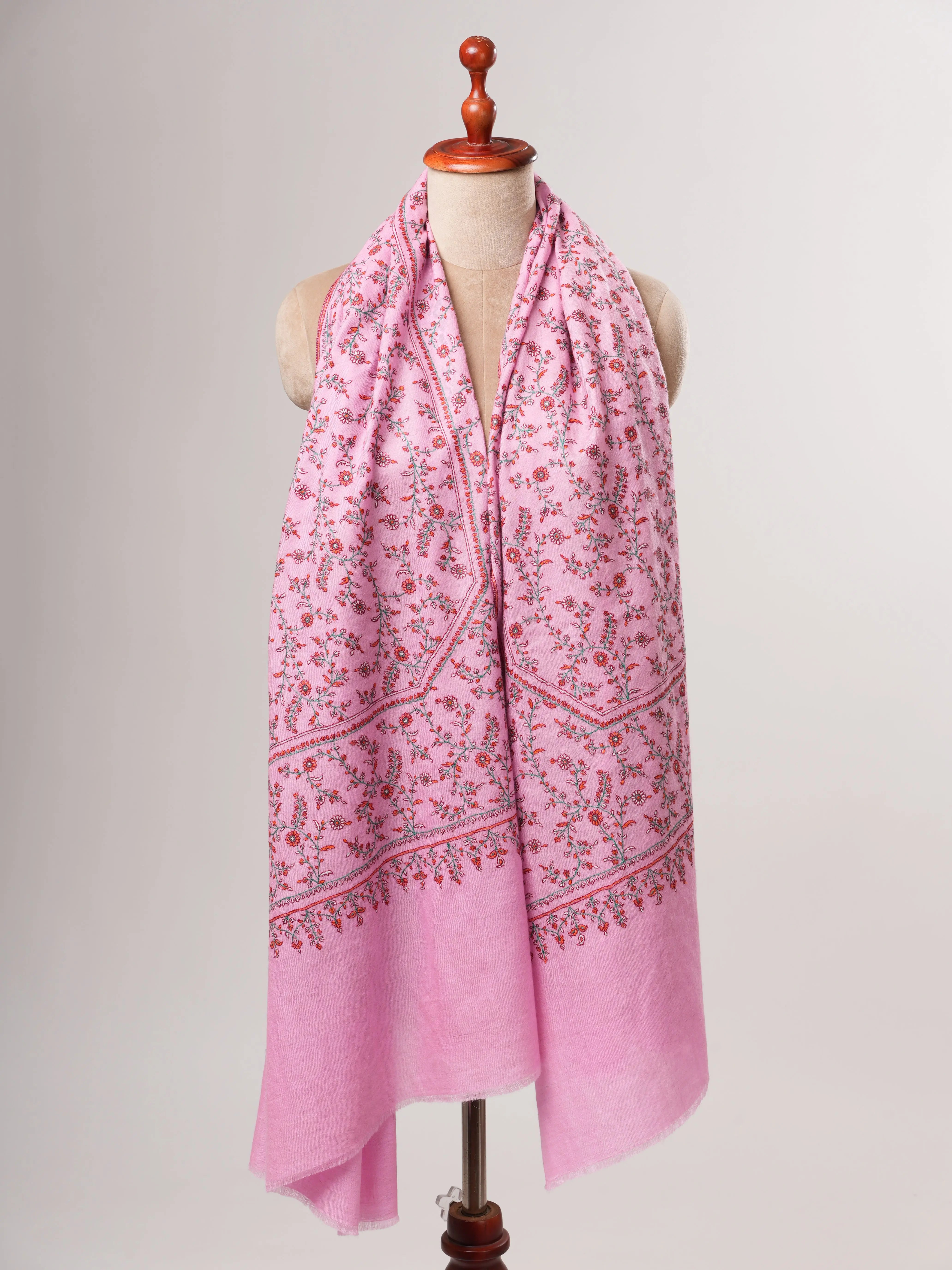 Pink Hand Embroidered Indian Pashmina Shawl with Sozni Embroidery Shahkaar
