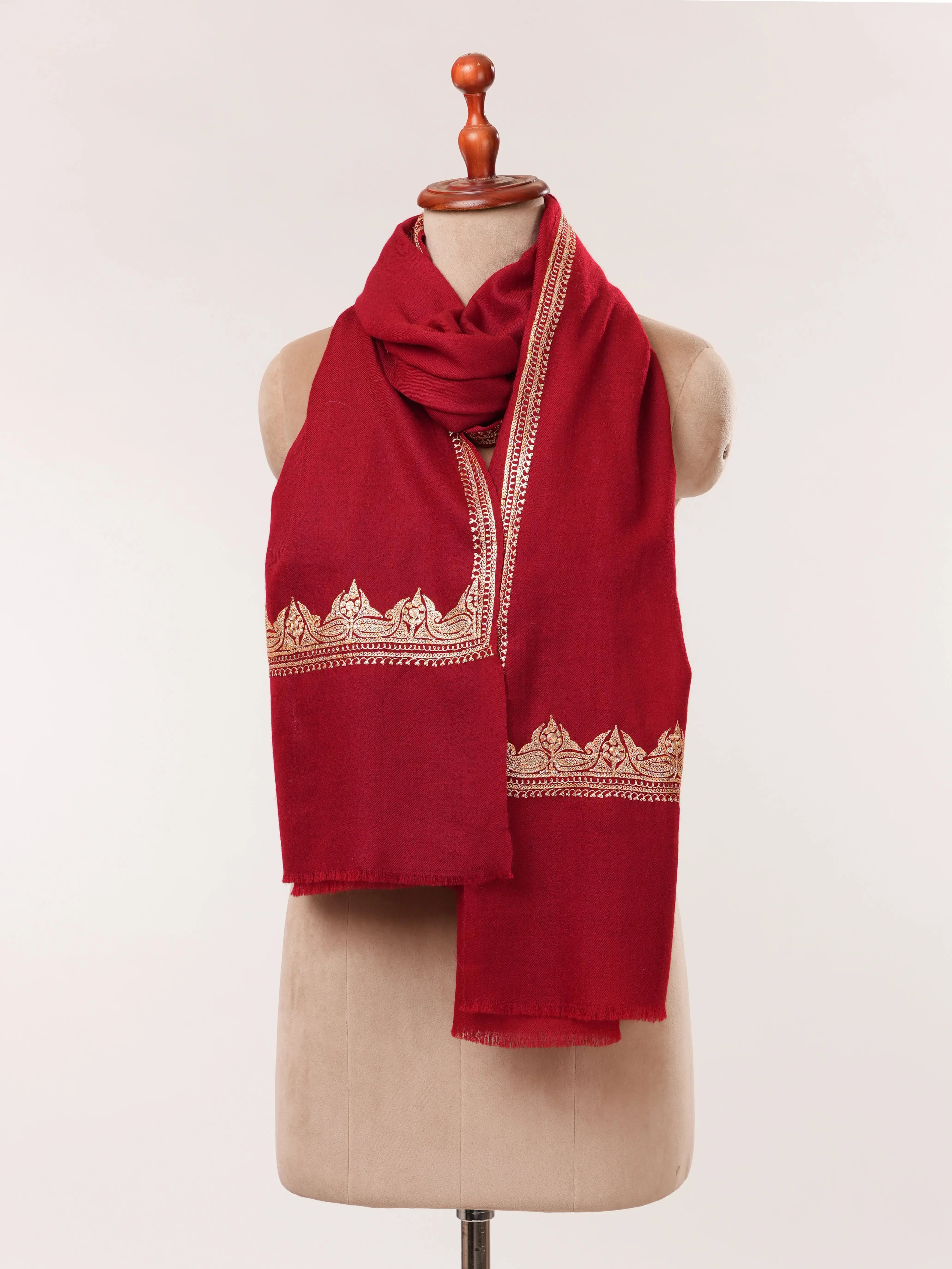 Rich Crimson Red Baby Soft Cashmere Scarf with Gold Tilla Embroidery Shahkaar.com