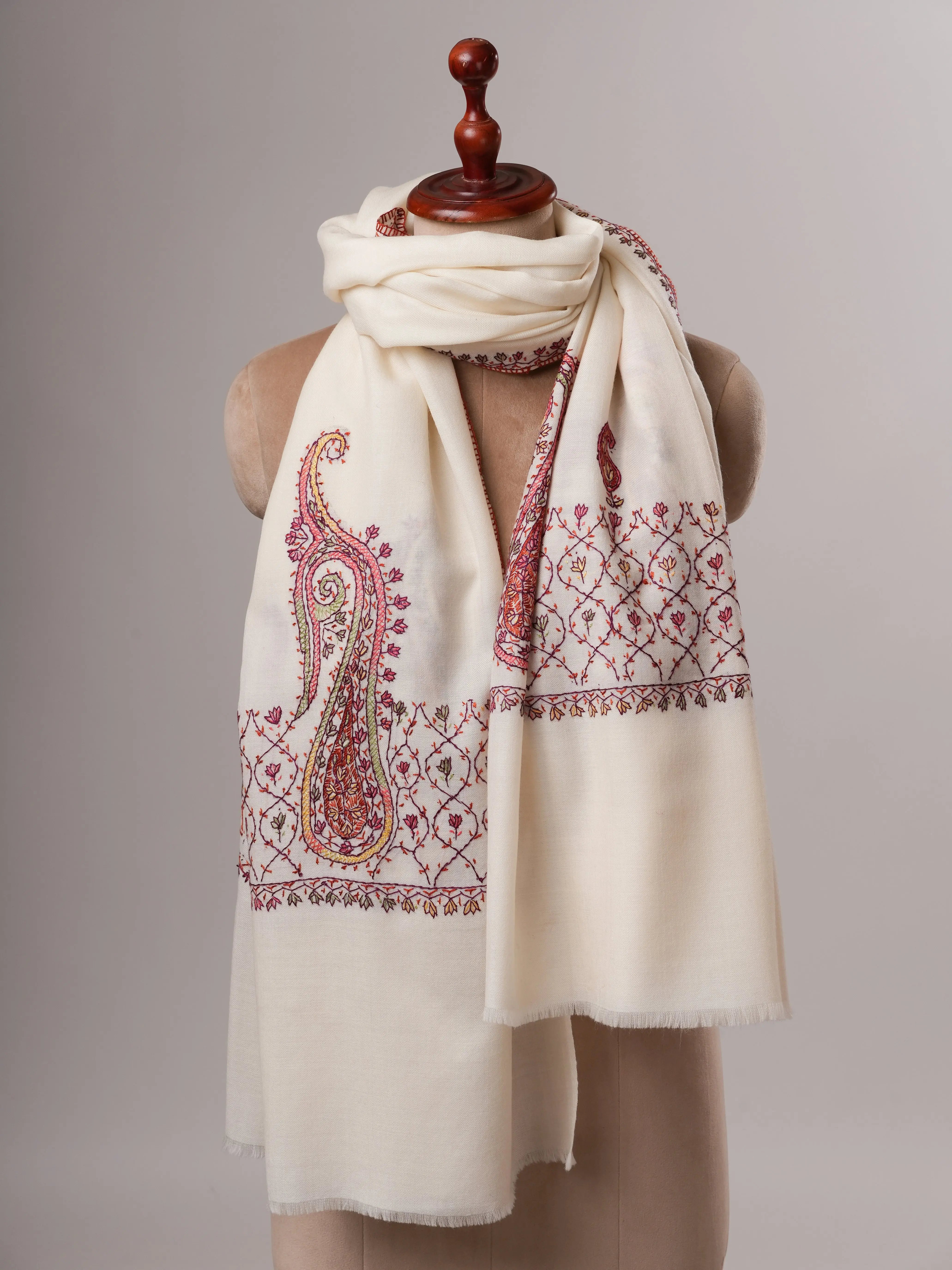 Ivory Fine Wool Palla Embroidered Shawl Shahkaar
