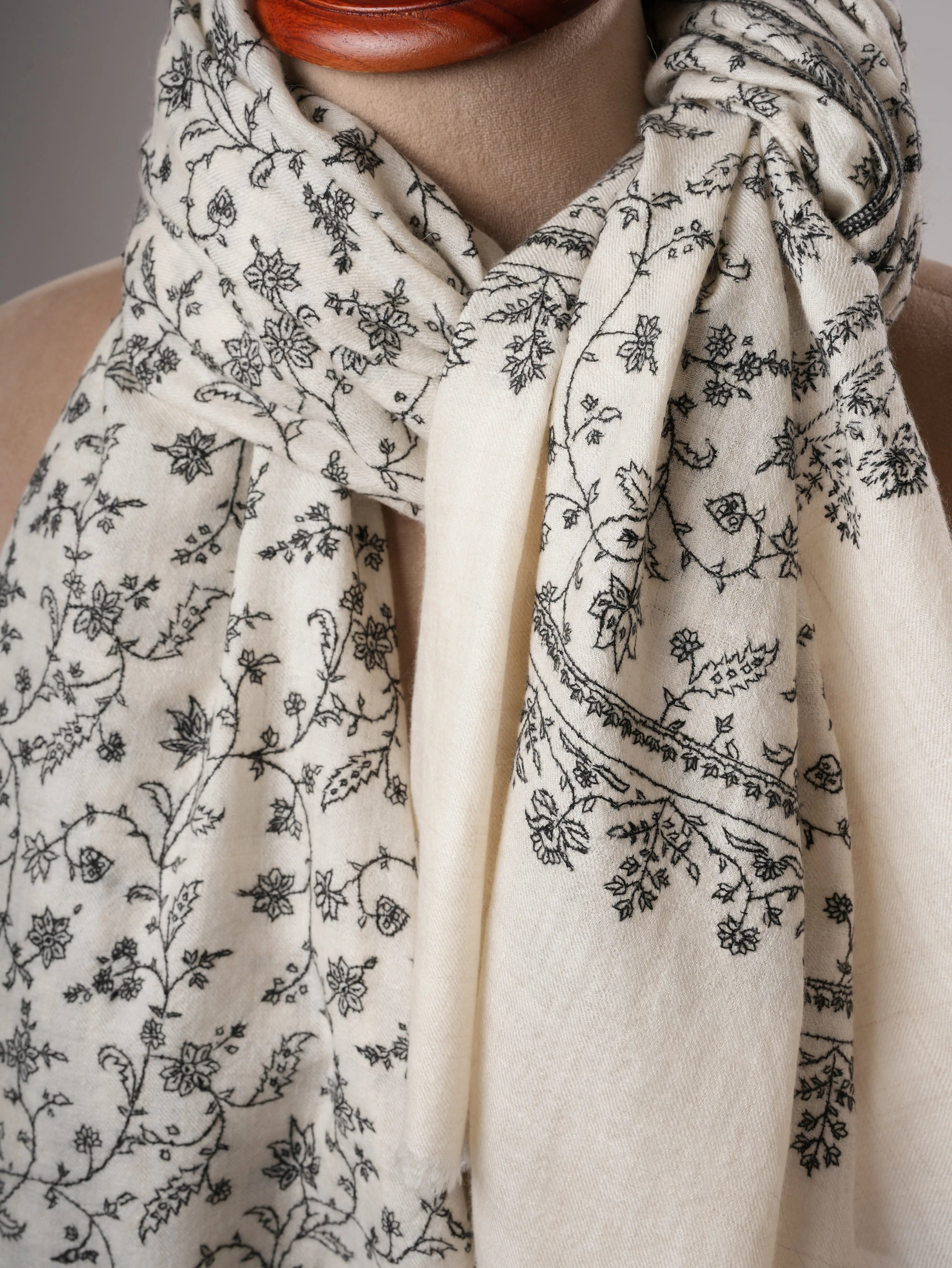 Ivory Kashmiri Pashmina Shawl with Black Sozni Jali Embroidery Shahkaar