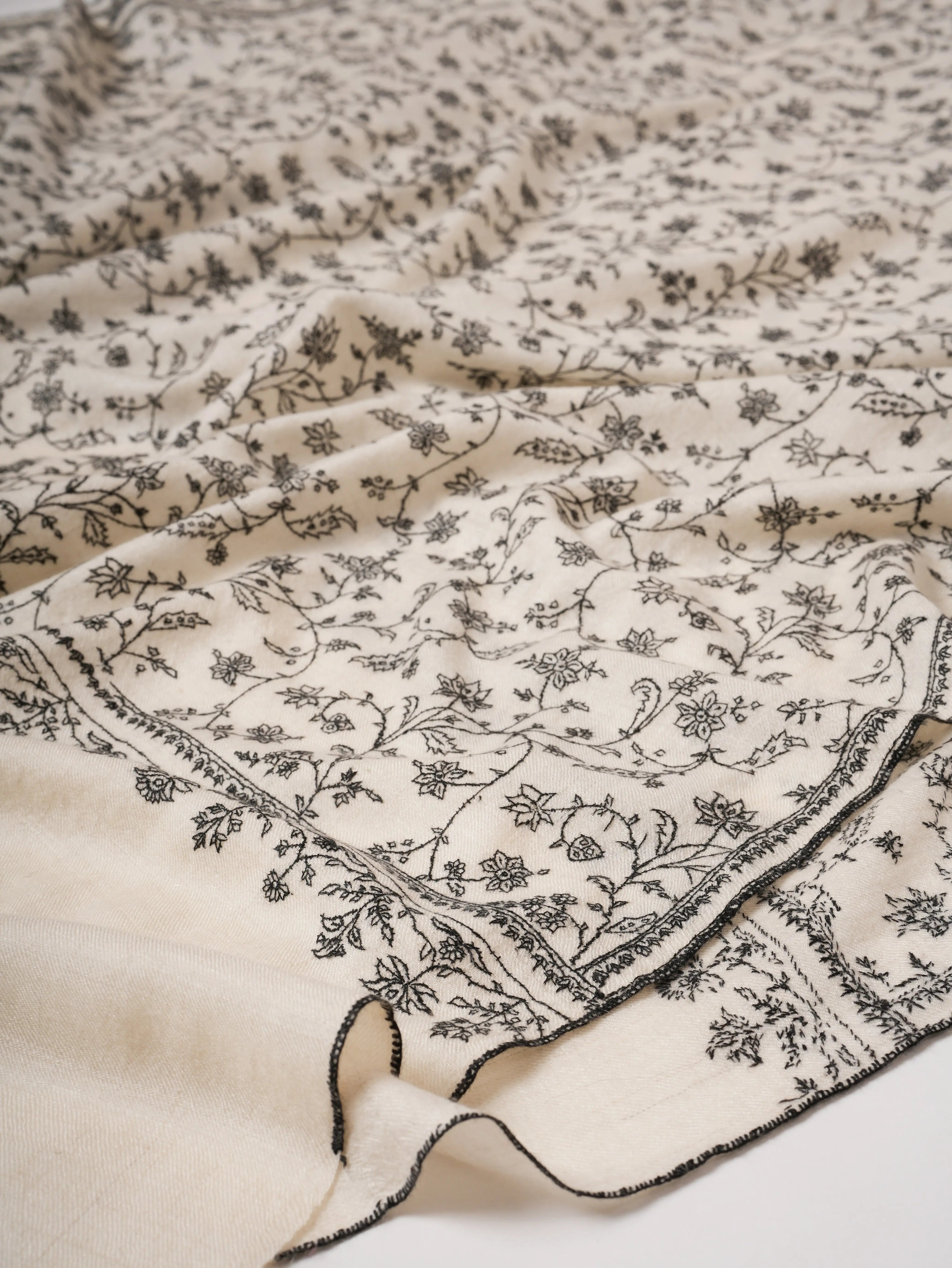 Ivory Kashmiri Pashmina Shawl with Black Sozni Jali Embroidery Shahkaar