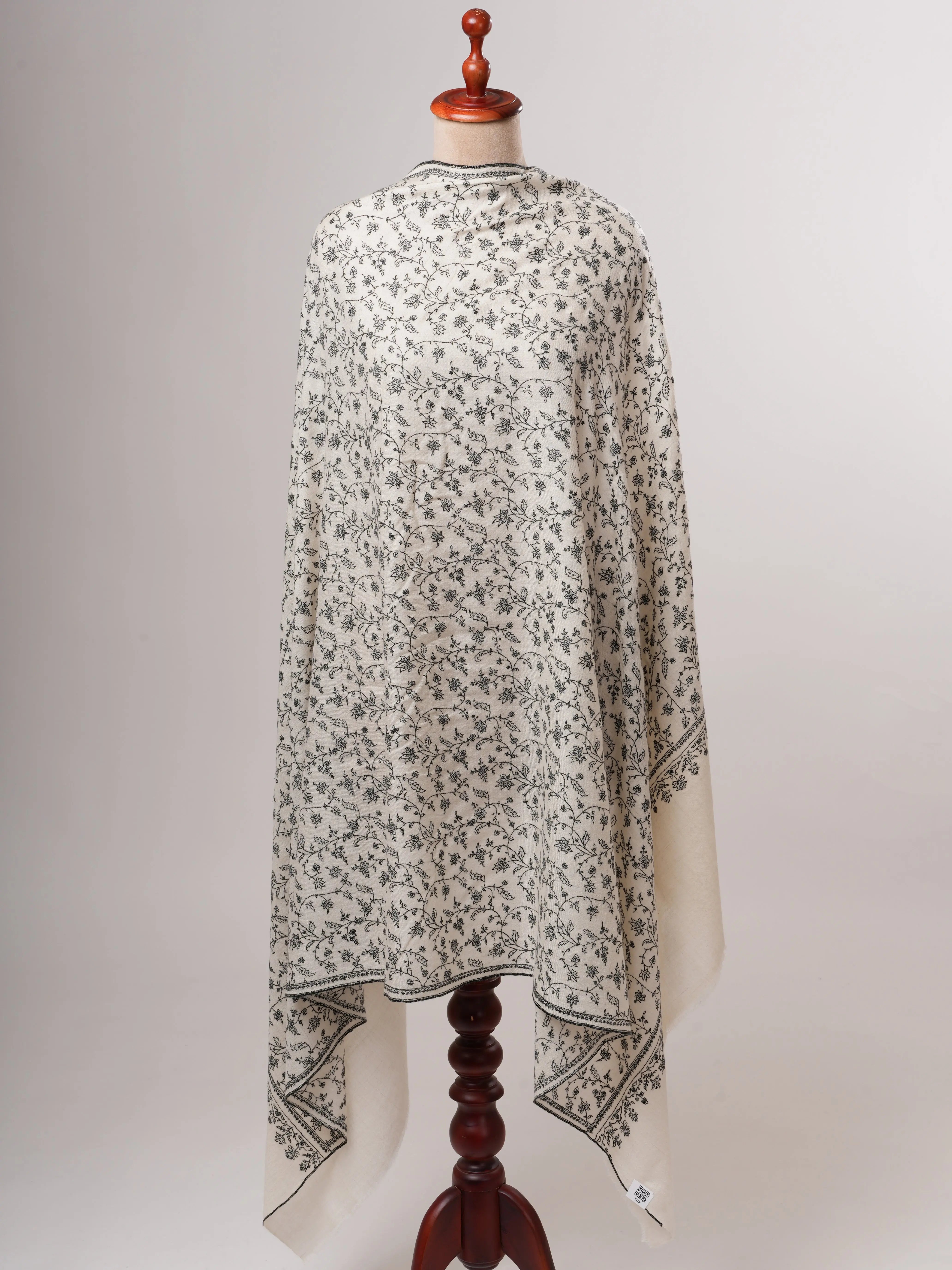 Ivory Kashmiri Pashmina Shawl with Black Sozni Jali Embroidery Shahkaar