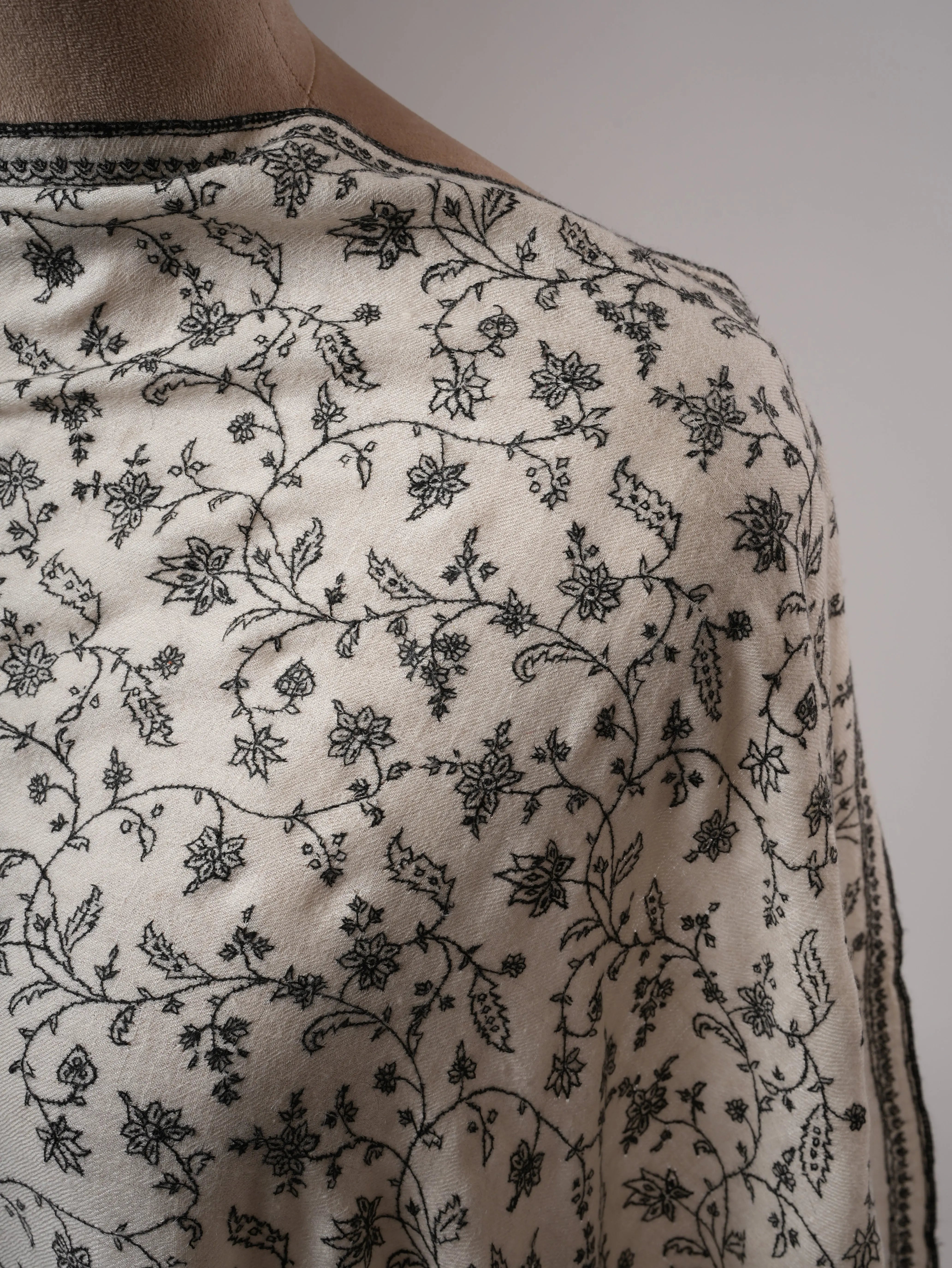 Ivory Kashmiri Pashmina Shawl with Black Sozni Jali Embroidery Shahkaar