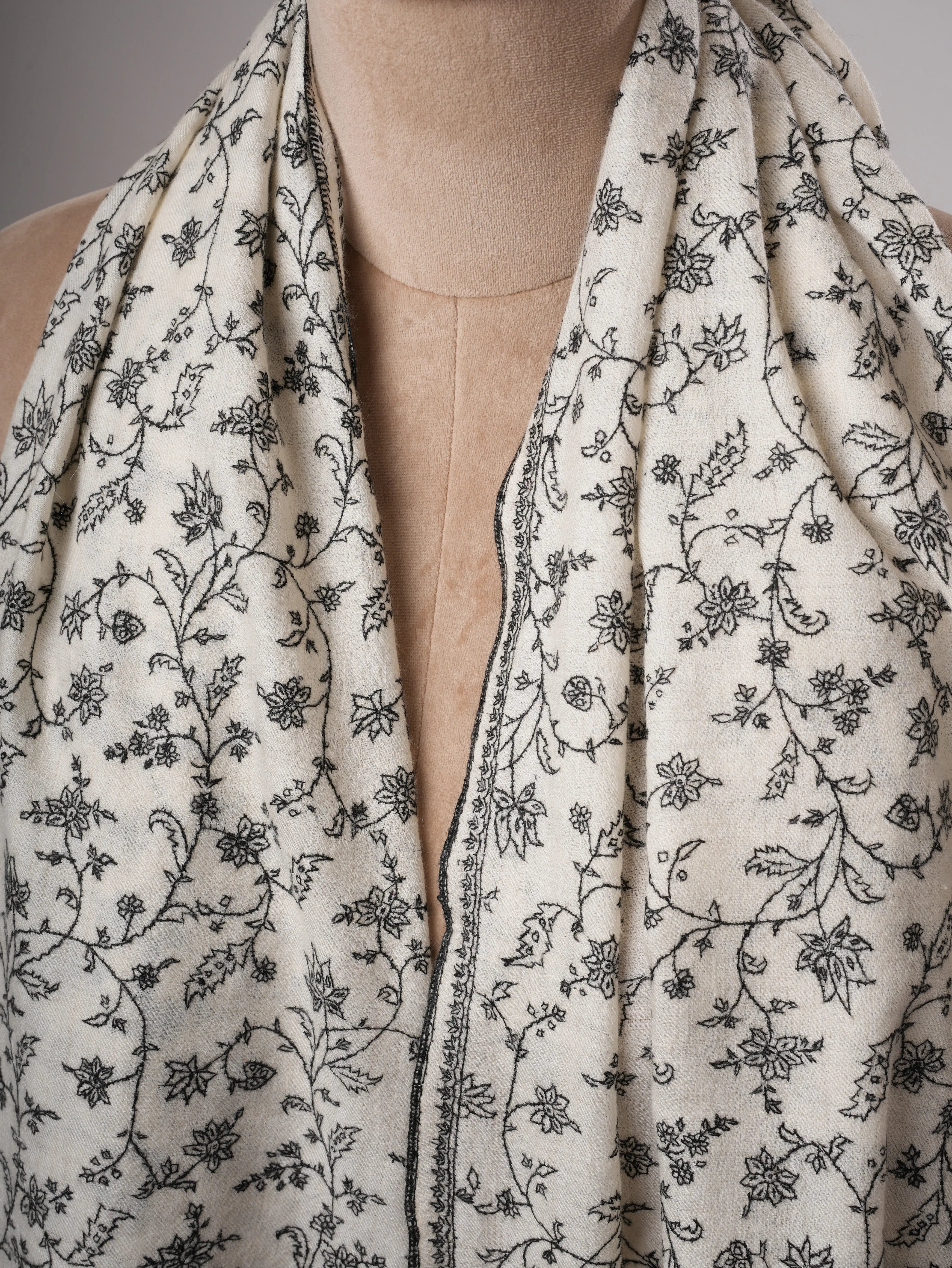 Ivory Kashmiri Pashmina Shawl with Black Sozni Jali Embroidery Shahkaar