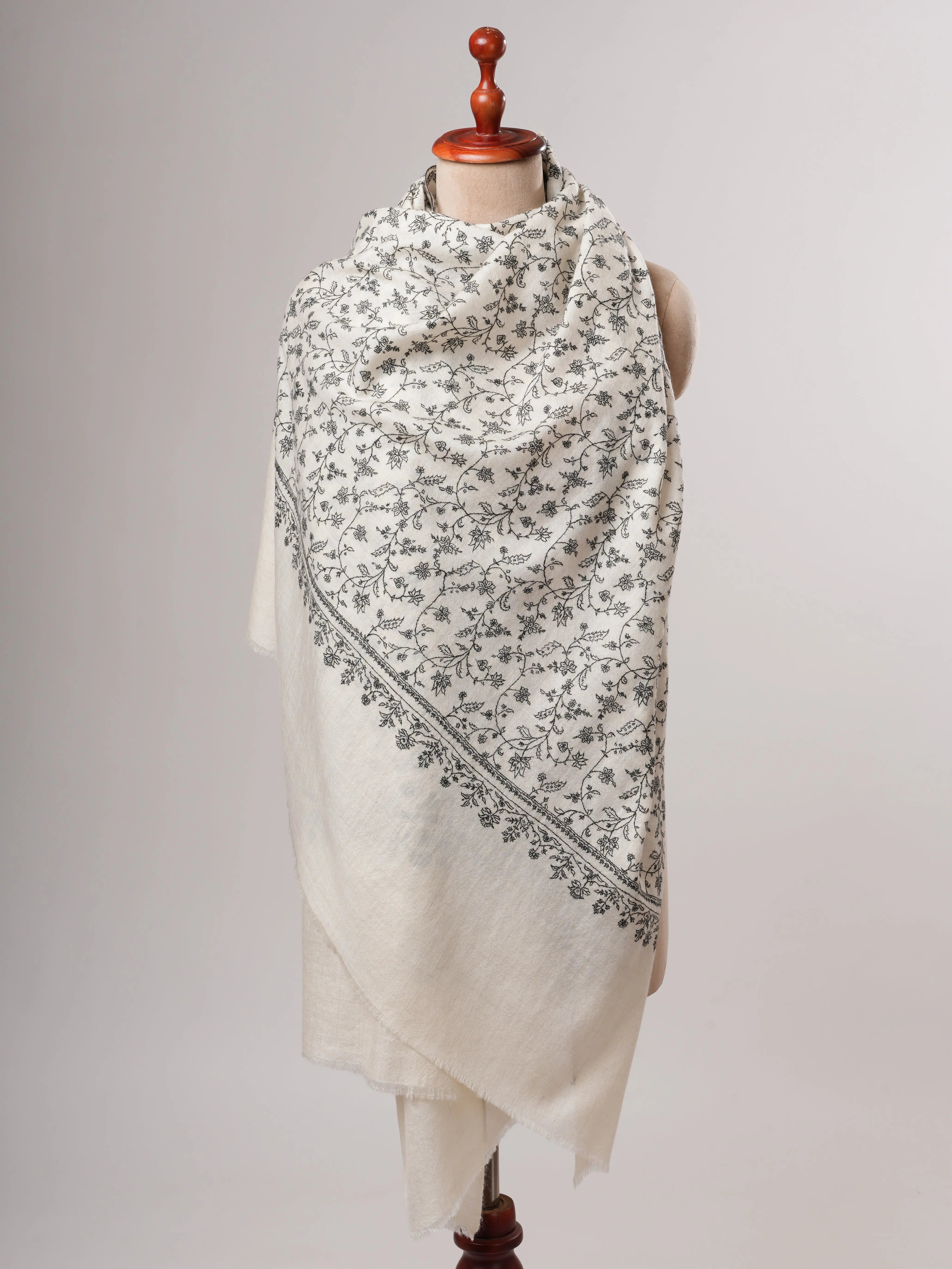 Ivory Kashmiri Pashmina Shawl with Black Sozni Jali Embroidery Shahkaar