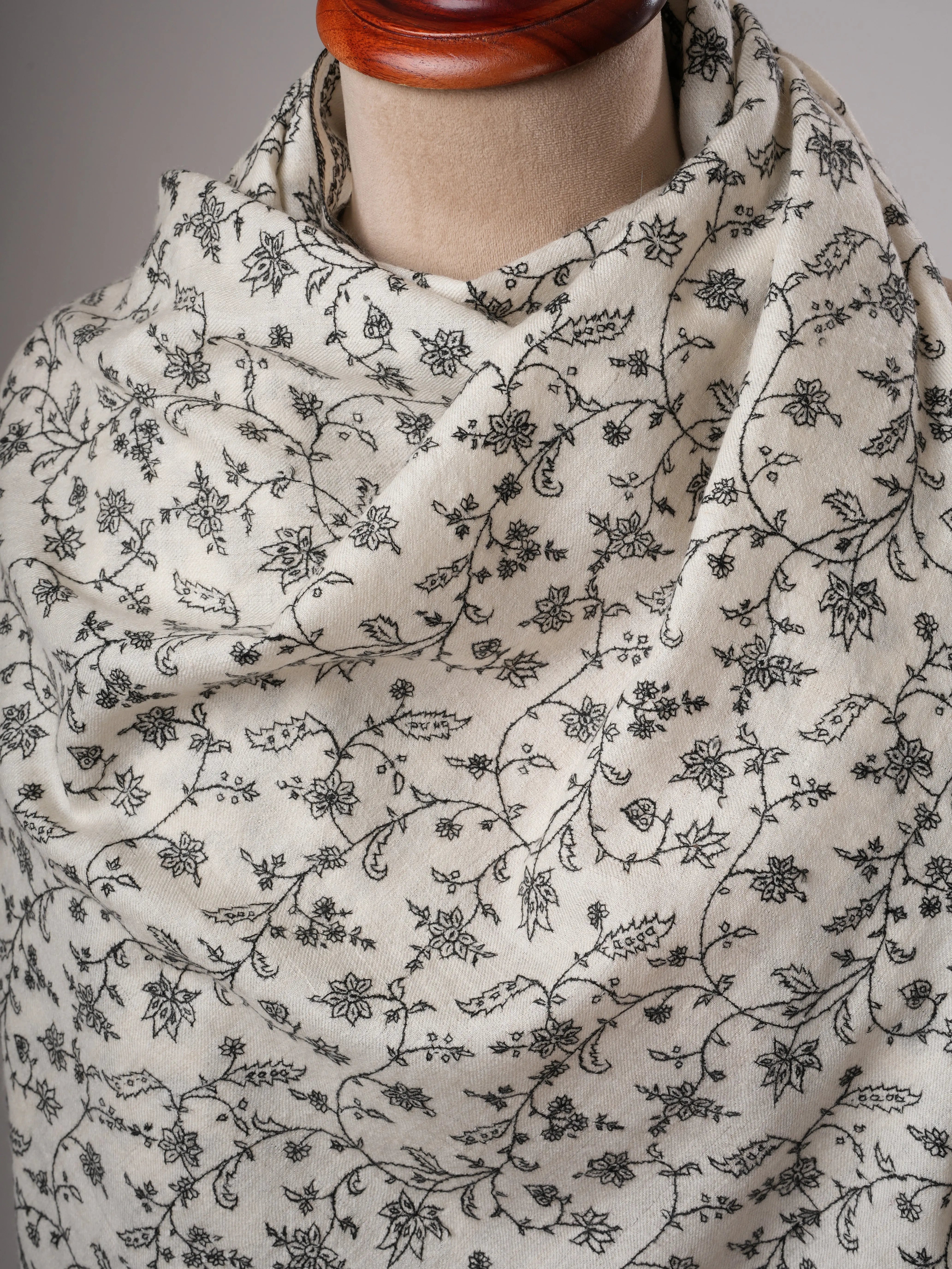 Ivory Kashmiri Pashmina Shawl with Black Sozni Jali Embroidery Shahkaar