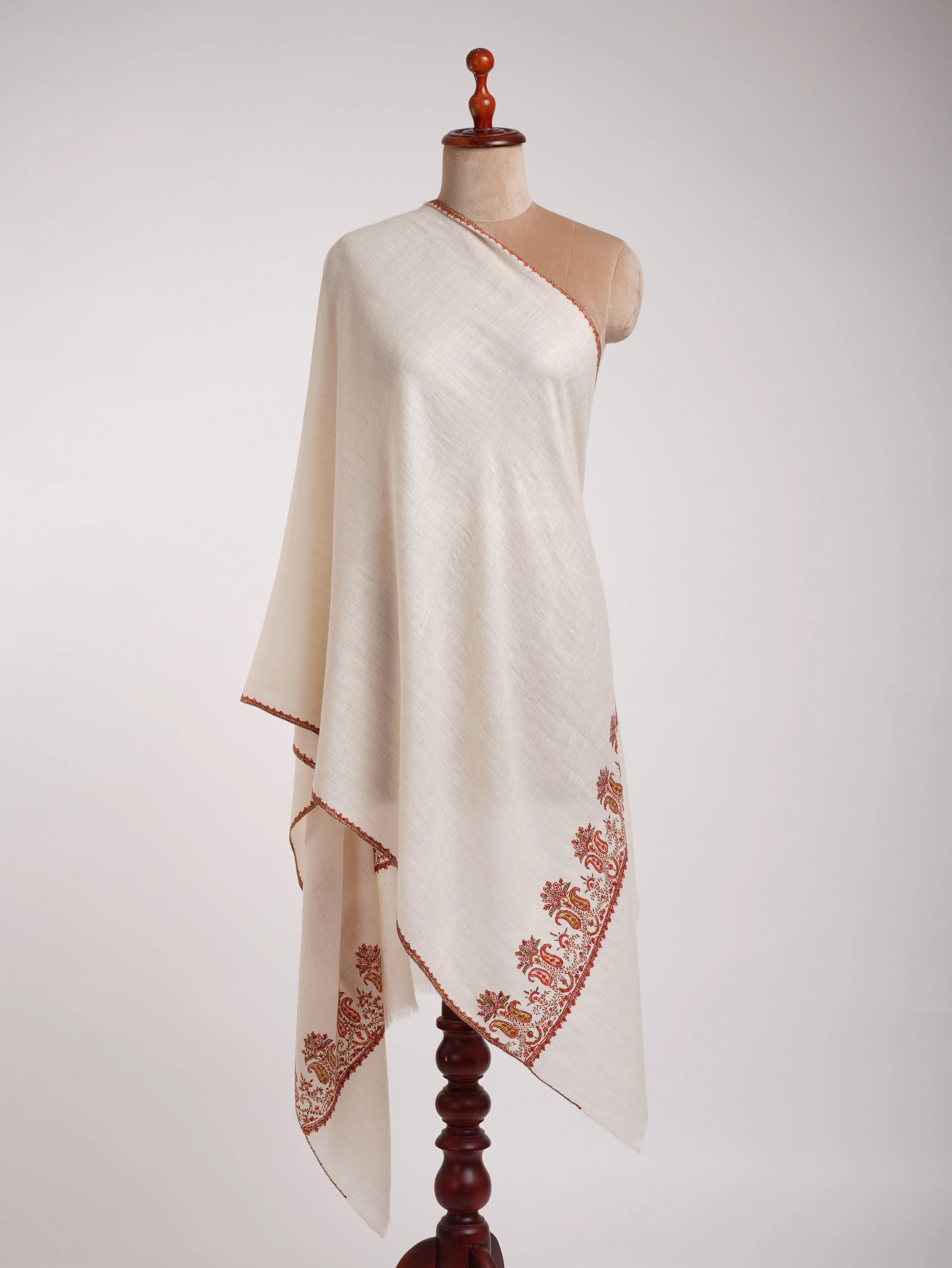 Baby Soft Ivory Cashmere Scarf with Hand Embroidered Palla Shahkaar