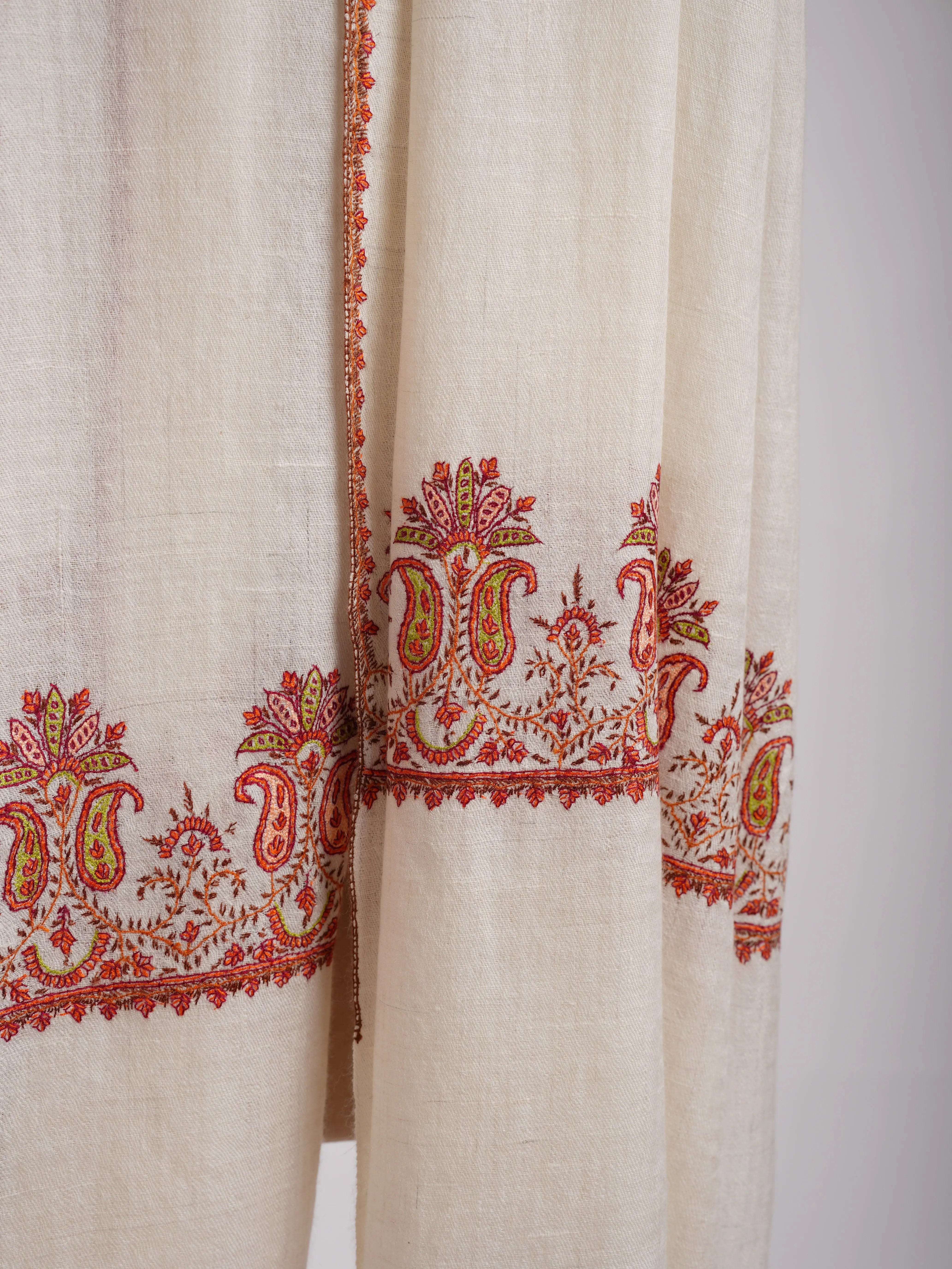 Baby Soft Ivory Cashmere Scarf with Hand Embroidered Palla Shahkaar