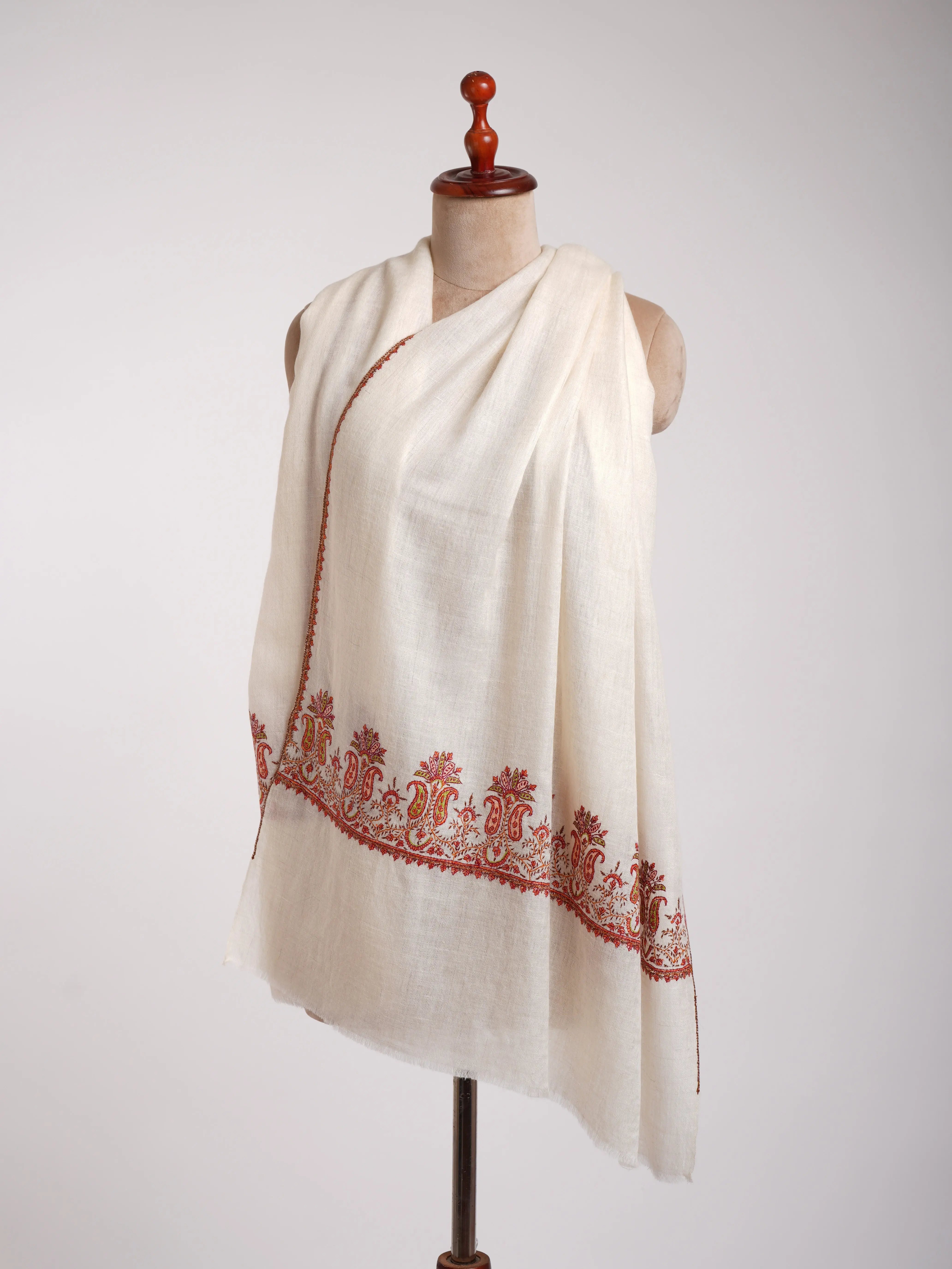 Baby Soft Ivory Cashmere Scarf with Hand Embroidered Palla Shahkaar