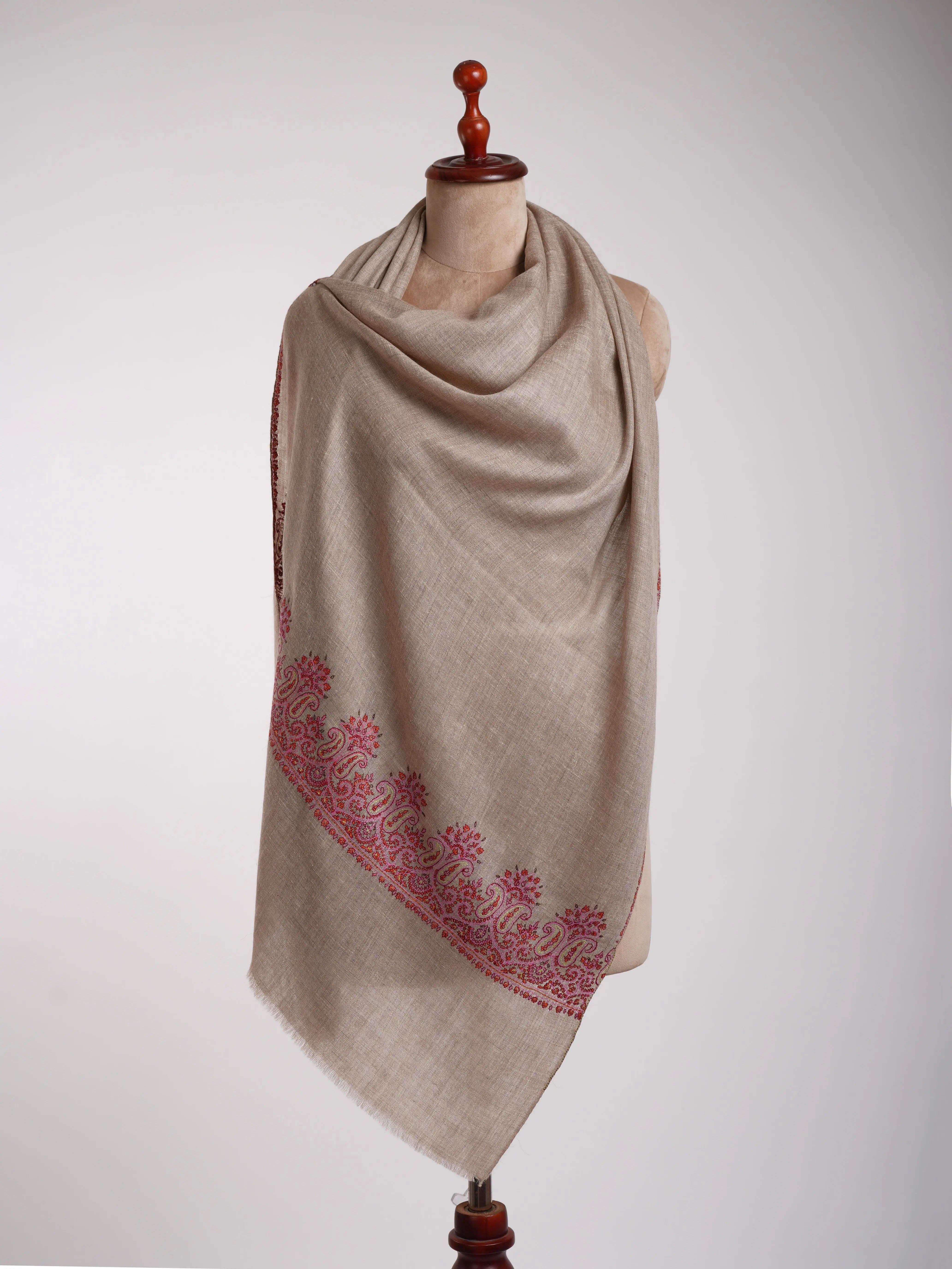 Grey Baby-Soft Cashmere Scarf with Hand Embroidered Palla Shahkaar