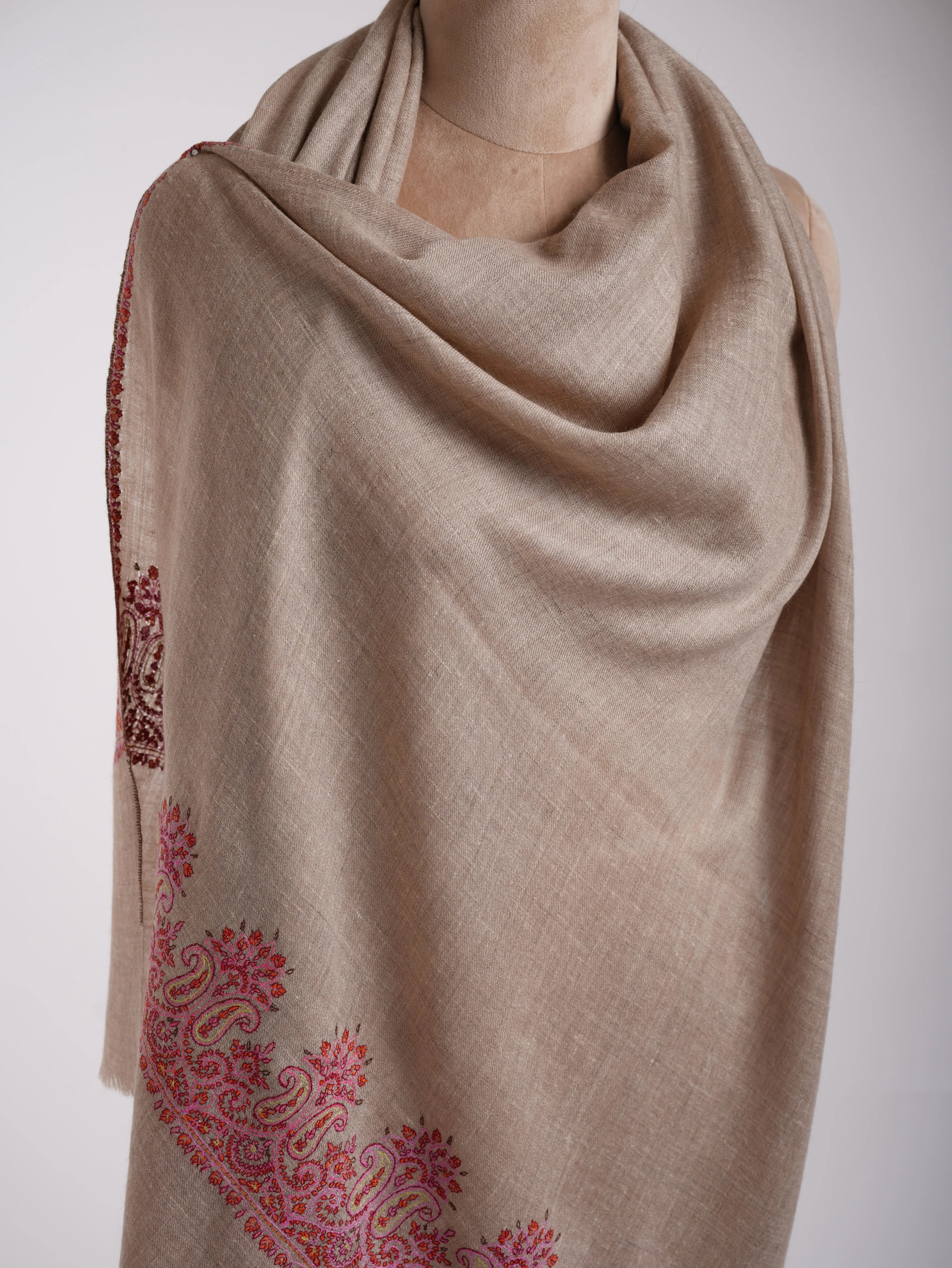Grey Baby-Soft Cashmere Scarf with Hand Embroidered Palla Shahkaar