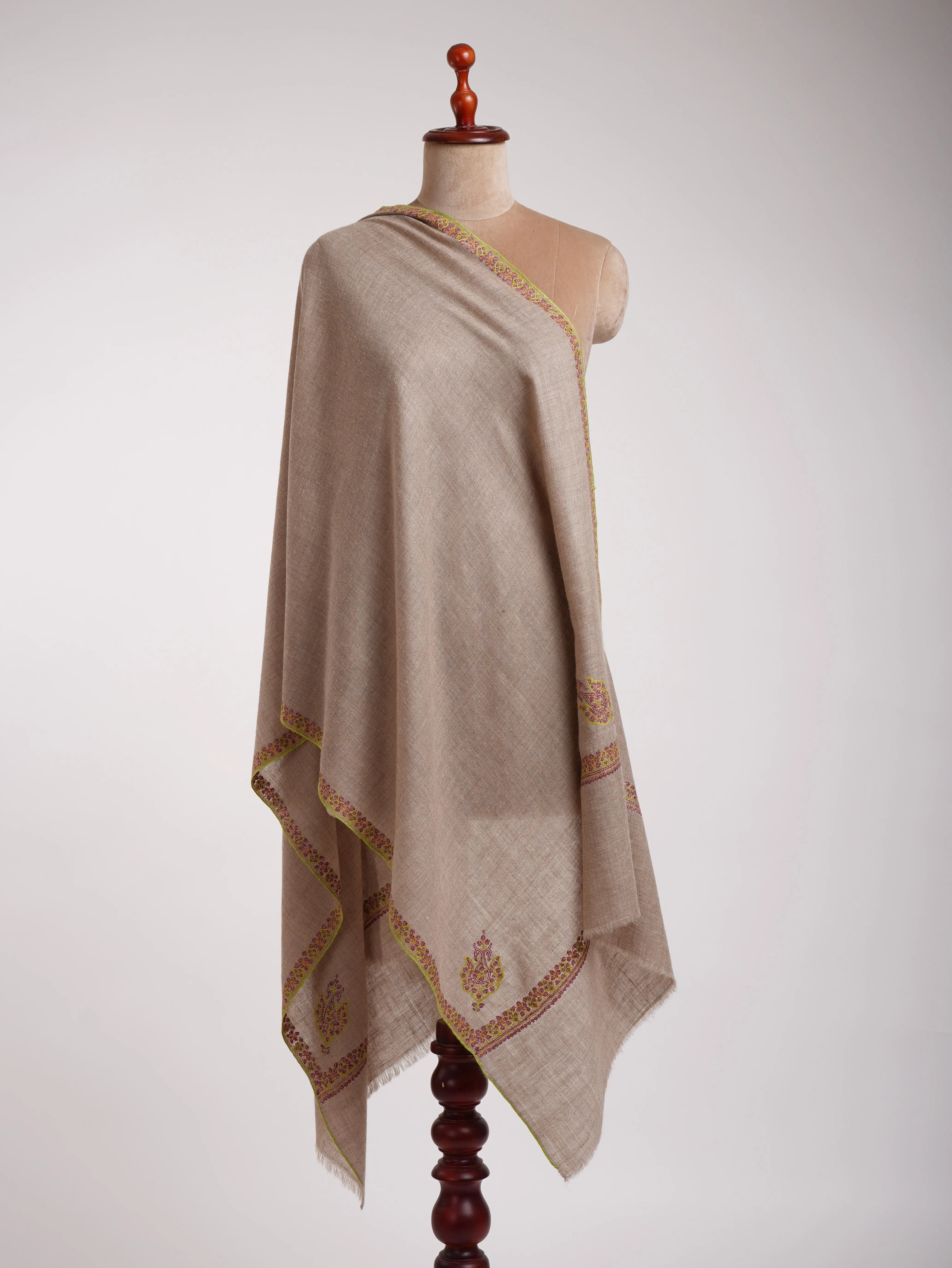 Contemporary Grey Cashmere Scarf with Hashia Embroidery Shahkaar