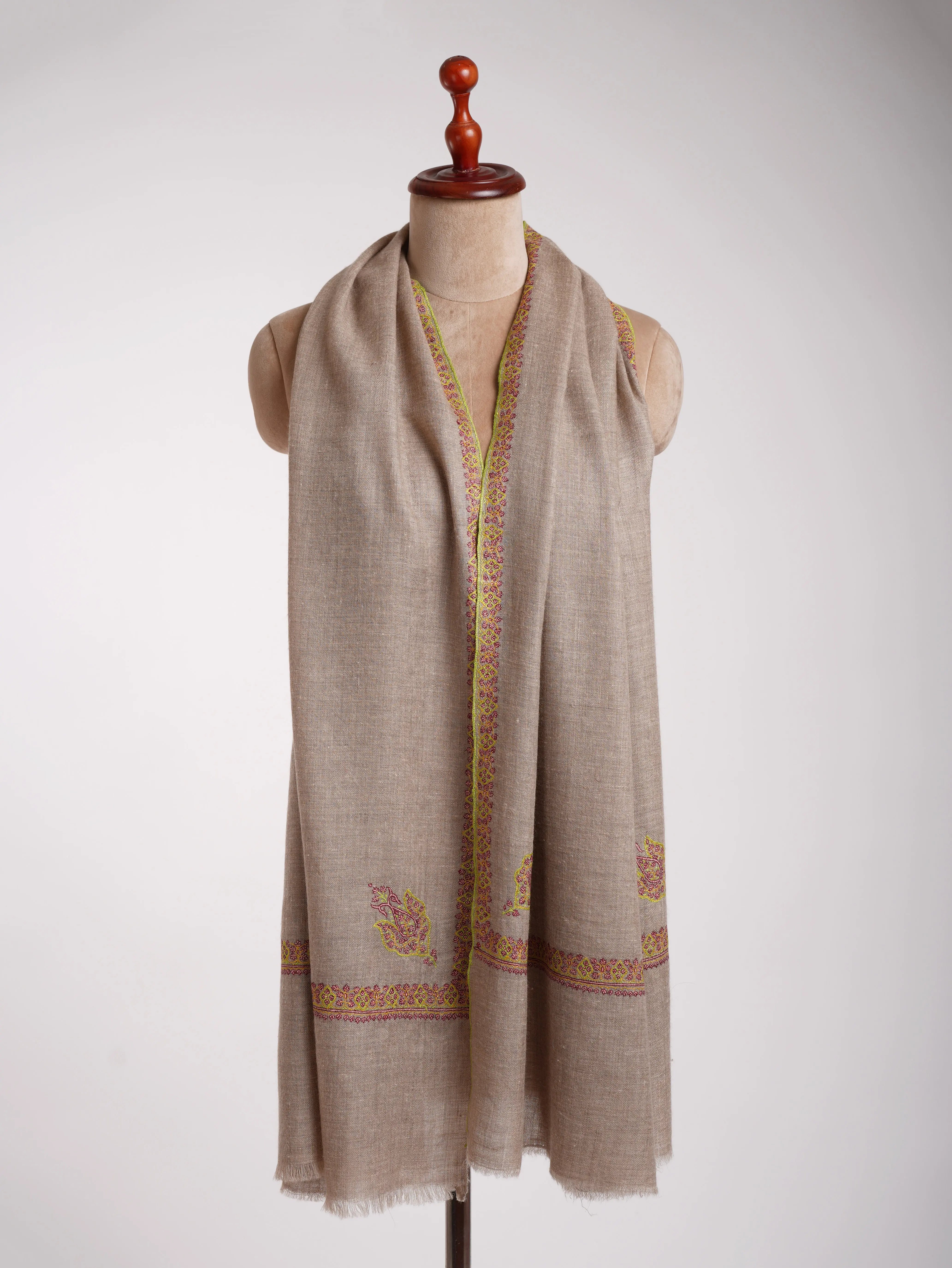 Contemporary Grey Cashmere Scarf with Hashia Embroidery Shahkaar
