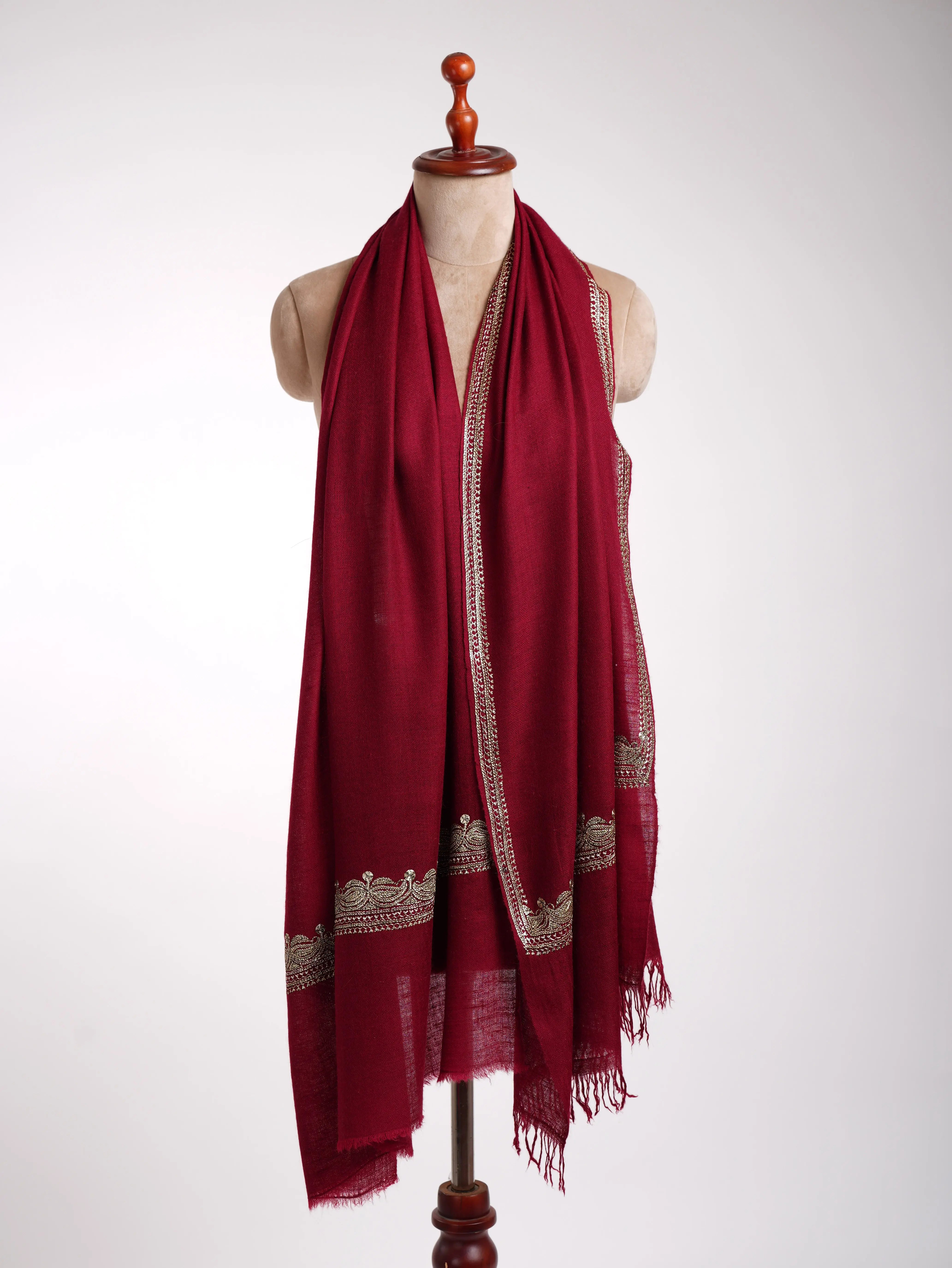 Artisan Crafted Maroon Cashmere Scarf with Hand Embroidered Tilla Shahkaar