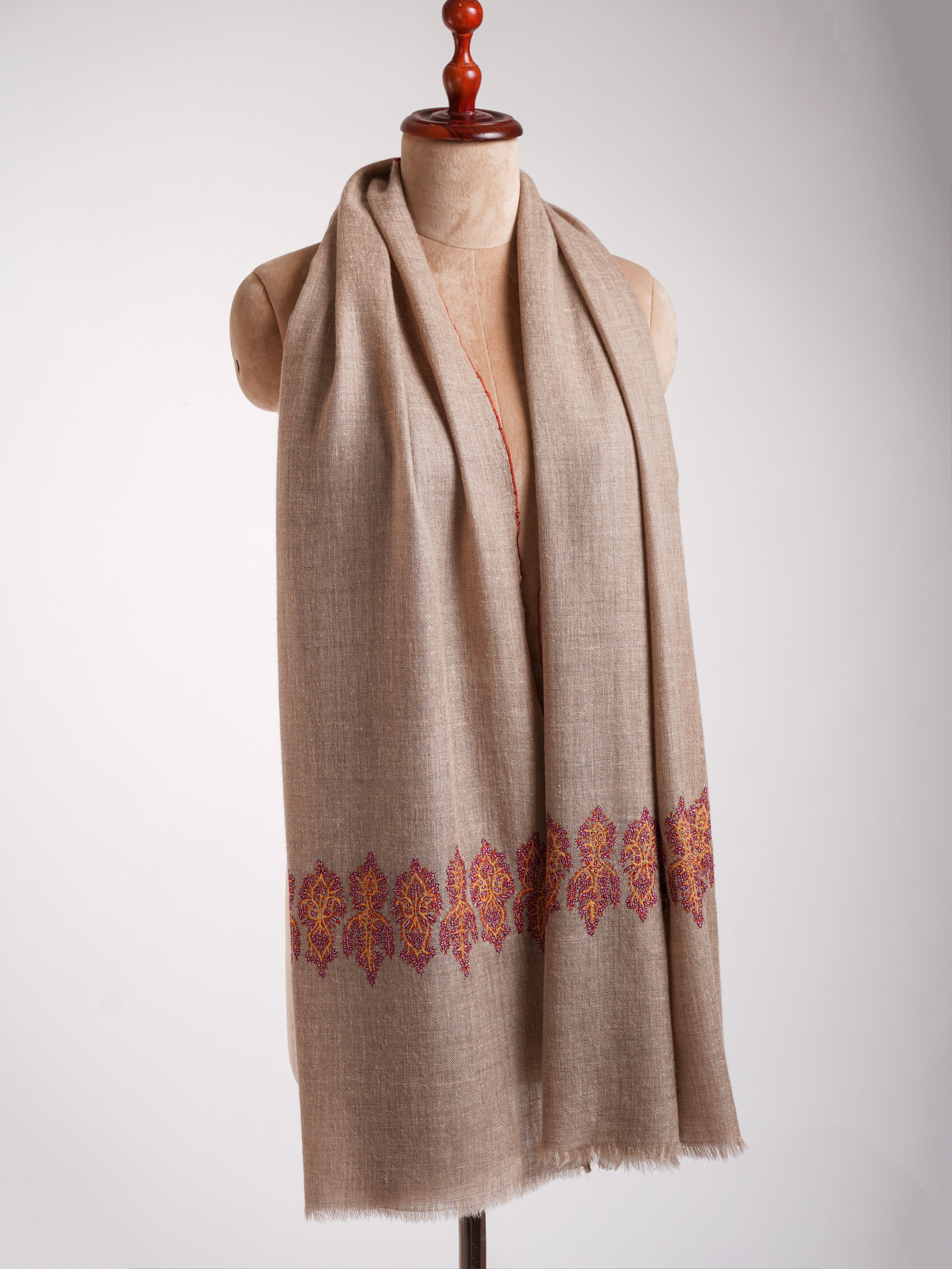 Natural Grey Palla Embroidered Kashmiri Cashmere Stole Shahkaar