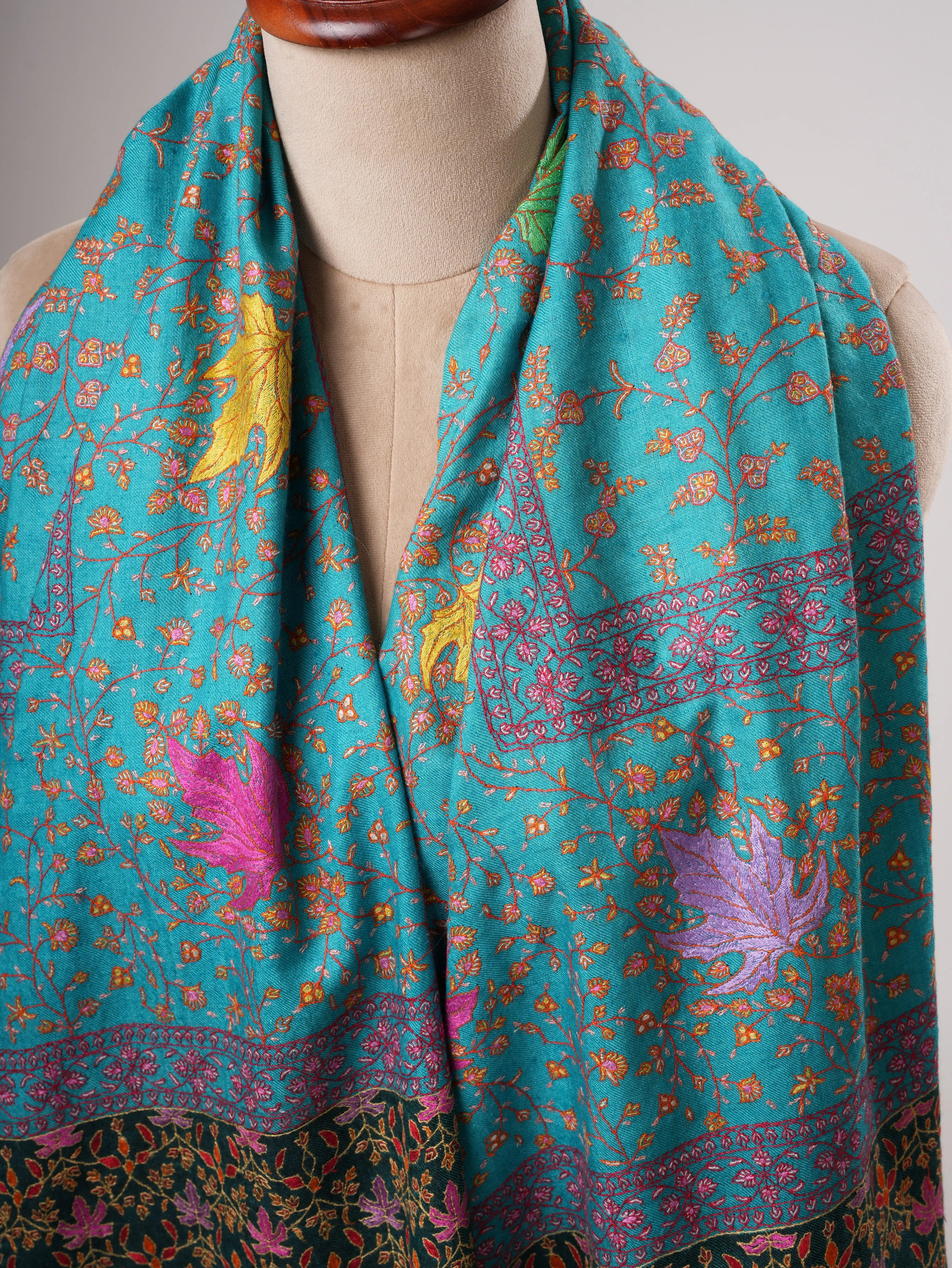 Turquoise Kashmiri Pashmina Shawl with Hand Embroidered Jali & Chinar Motifs Shahkaar