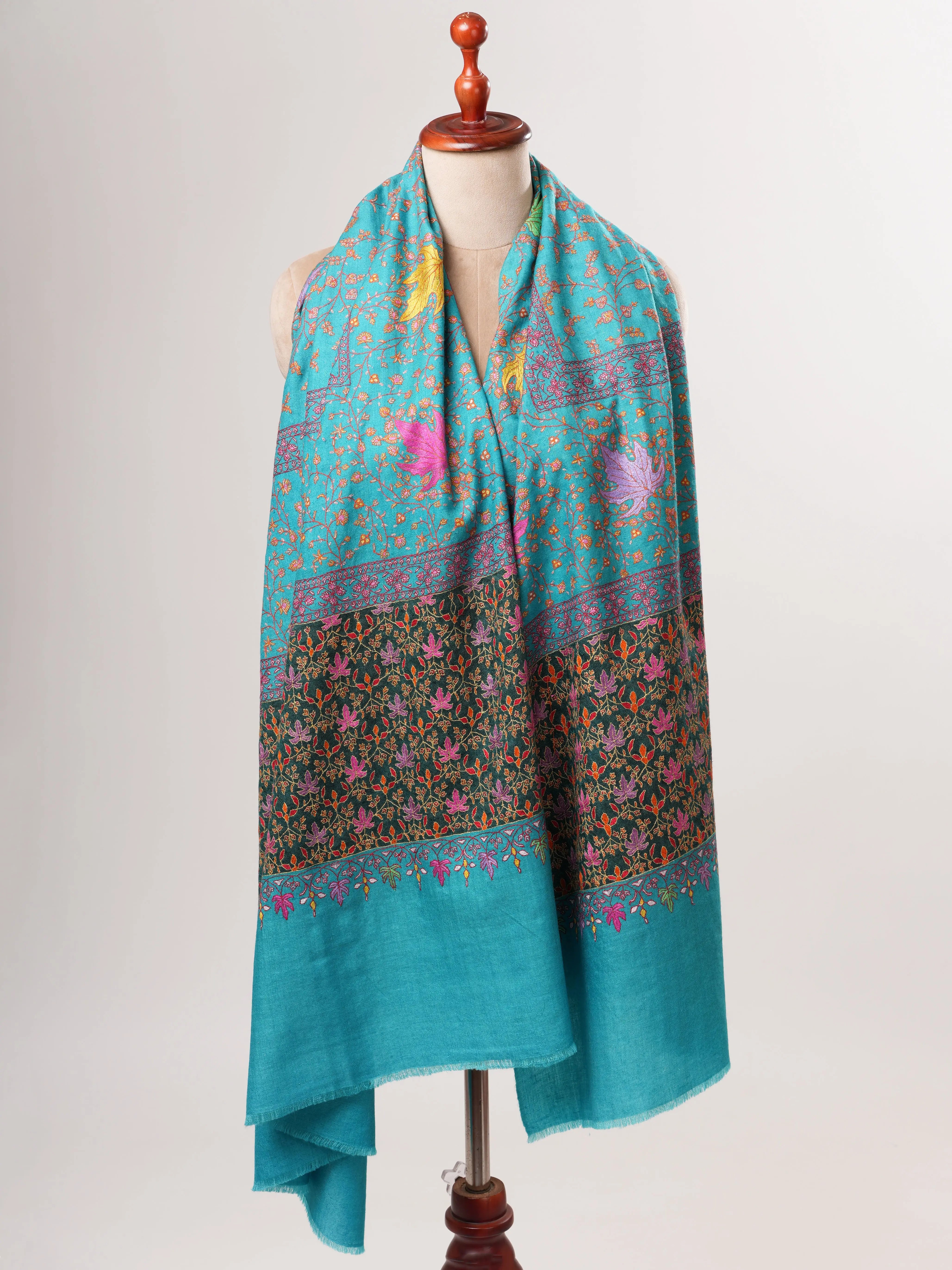 Turquoise Kashmiri Pashmina Shawl with Hand Embroidered Jali & Chinar Motifs Shahkaar