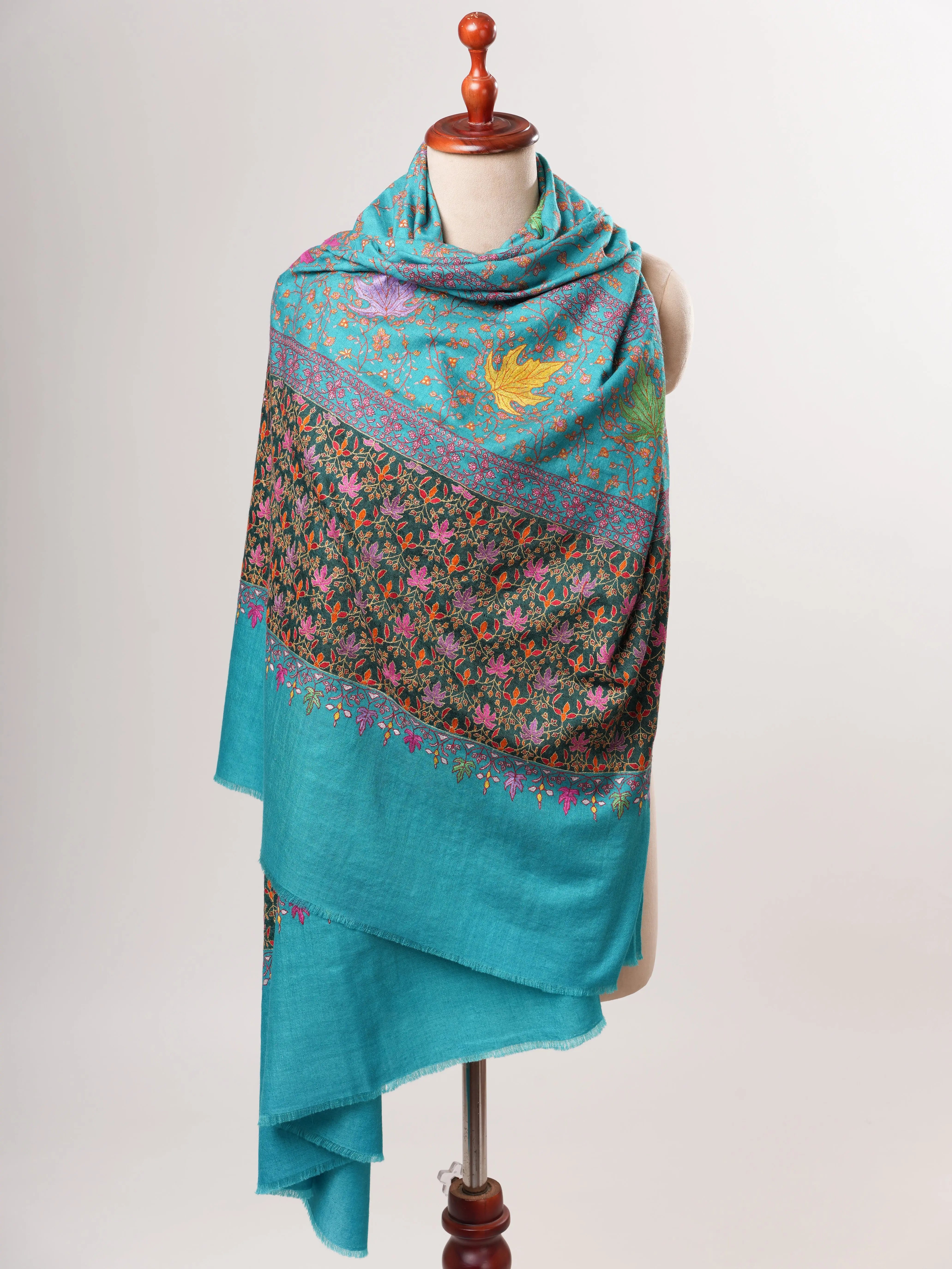 Turquoise Kashmiri Pashmina Shawl with Hand Embroidered Jali & Chinar Motifs Shahkaar