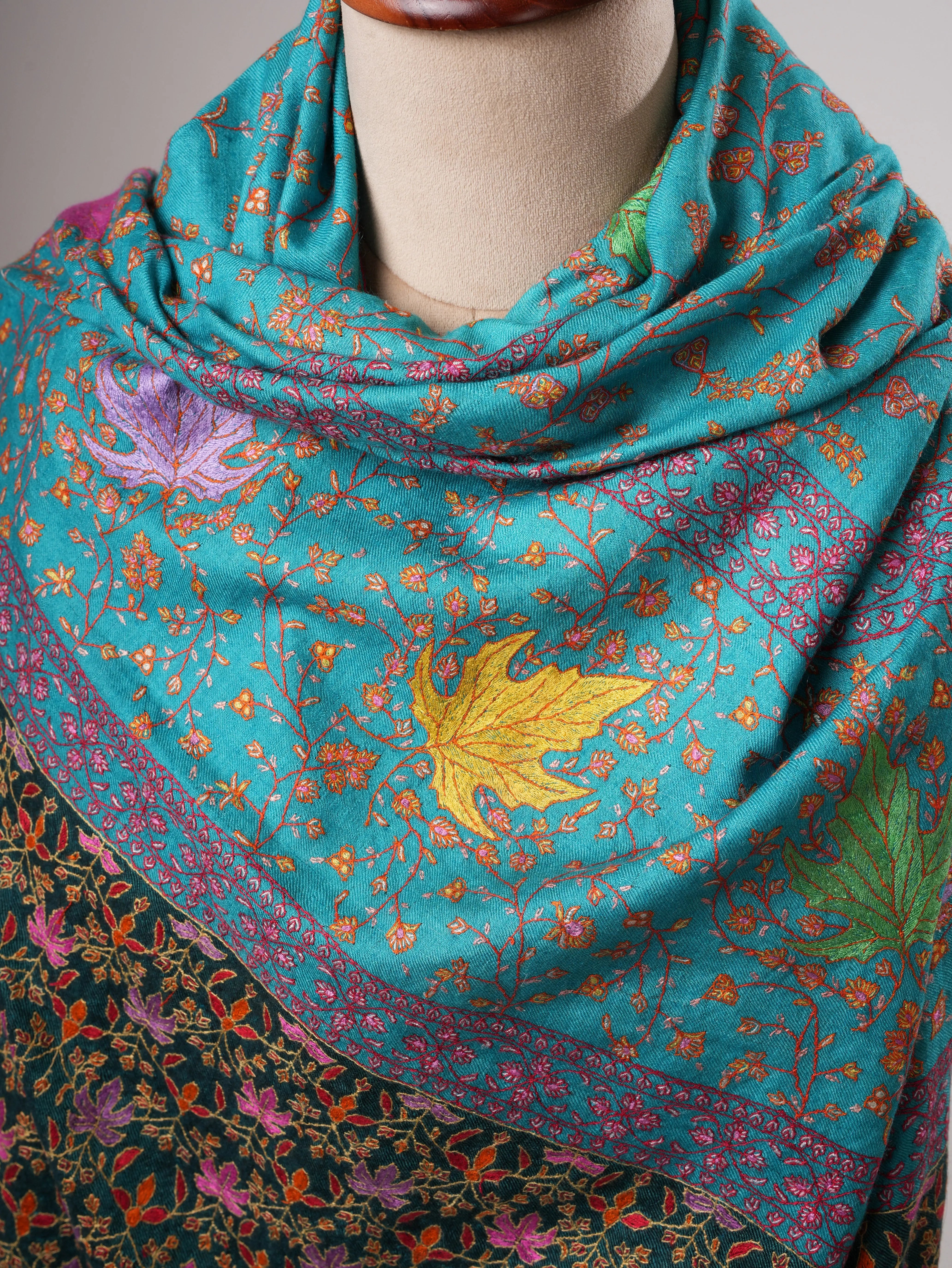 Turquoise Kashmiri Pashmina Shawl with Hand Embroidered Jali & Chinar Motifs Shahkaar