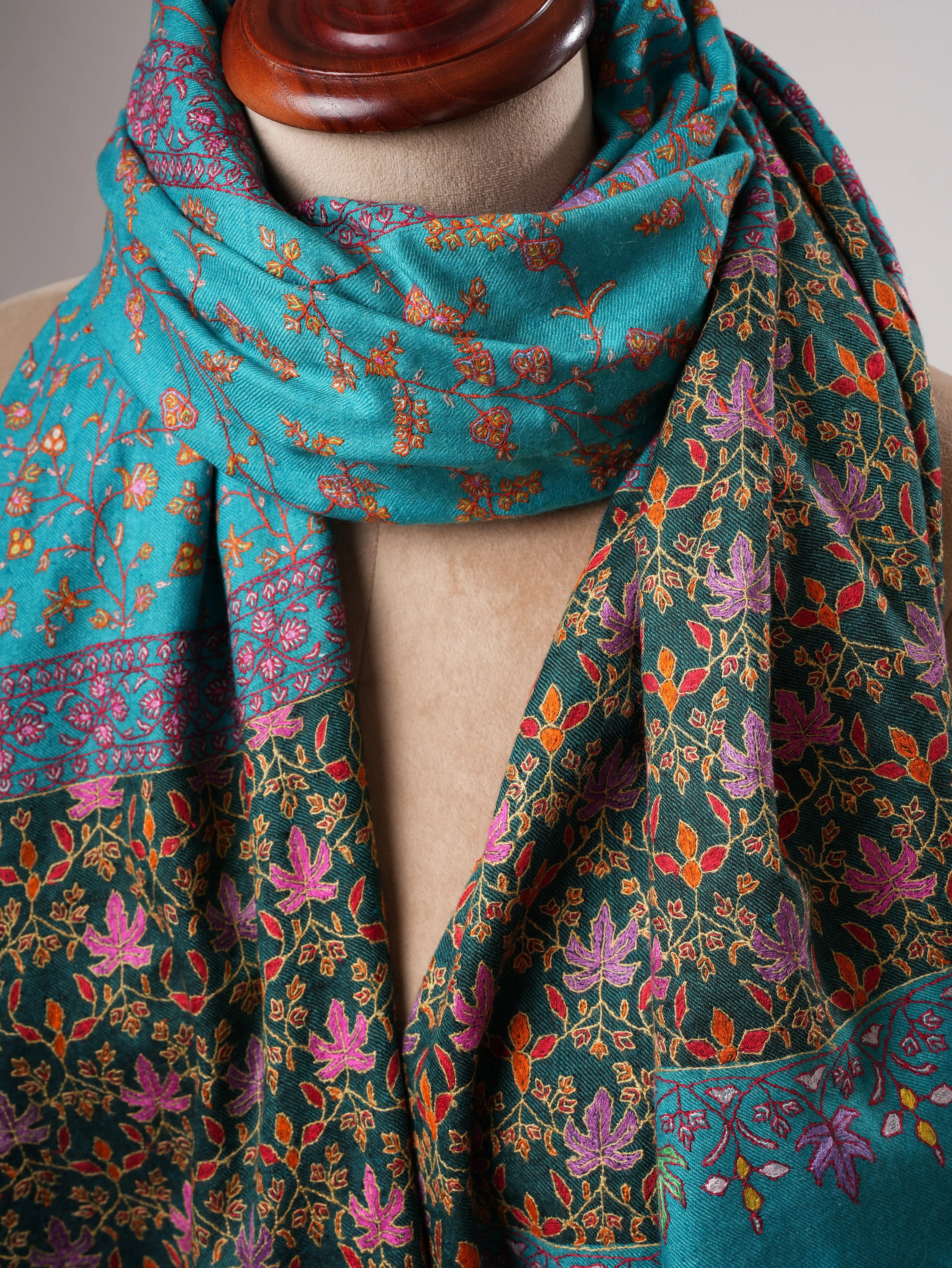 Turquoise Kashmiri Pashmina Shawl with Hand Embroidered Jali & Chinar Motifs Shahkaar