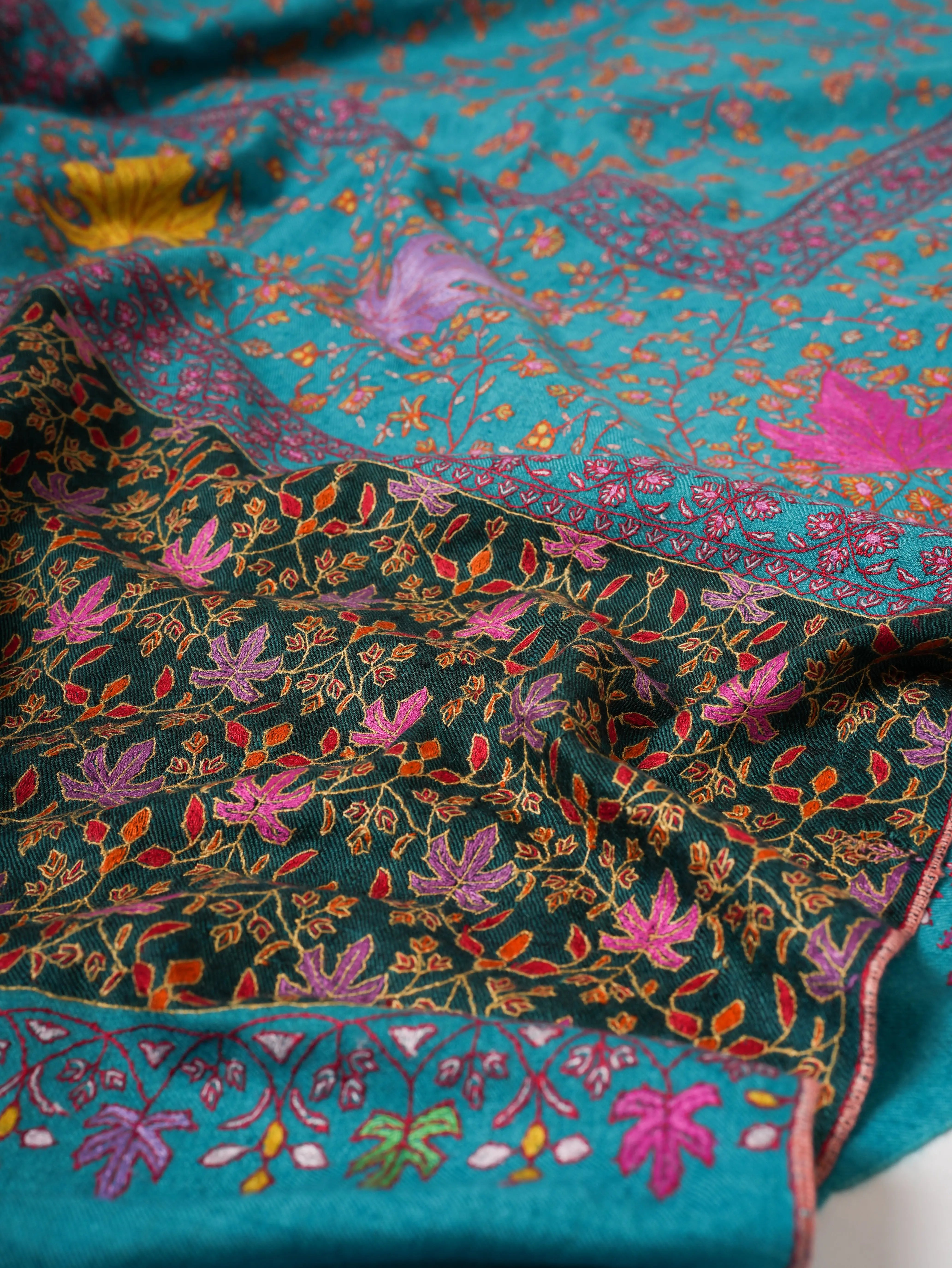 Turquoise Kashmiri Pashmina Shawl with Hand Embroidered Jali & Chinar Motifs Shahkaar