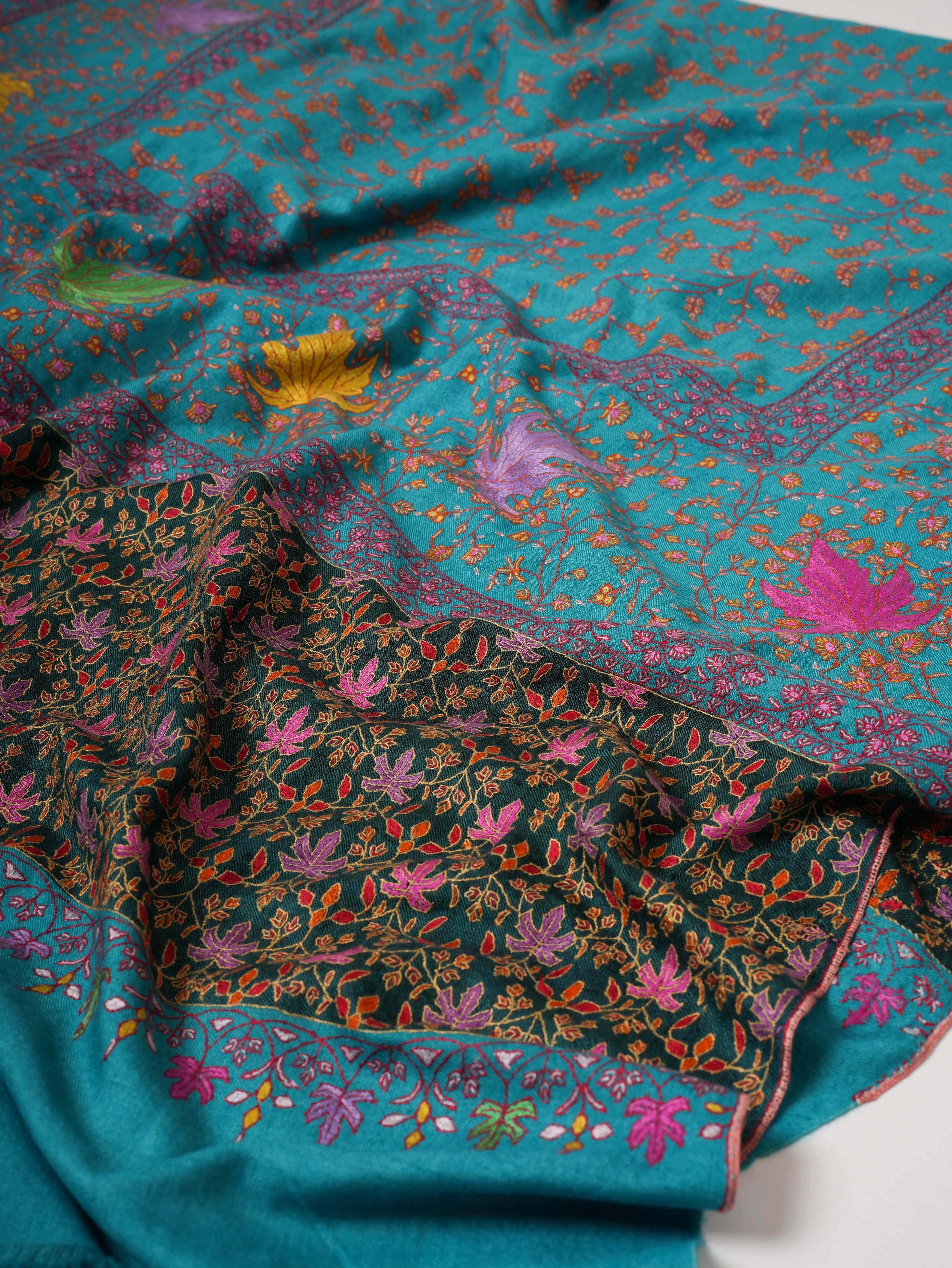 Turquoise Kashmiri Pashmina Shawl with Hand Embroidered Jali & Chinar Motifs Shahkaar