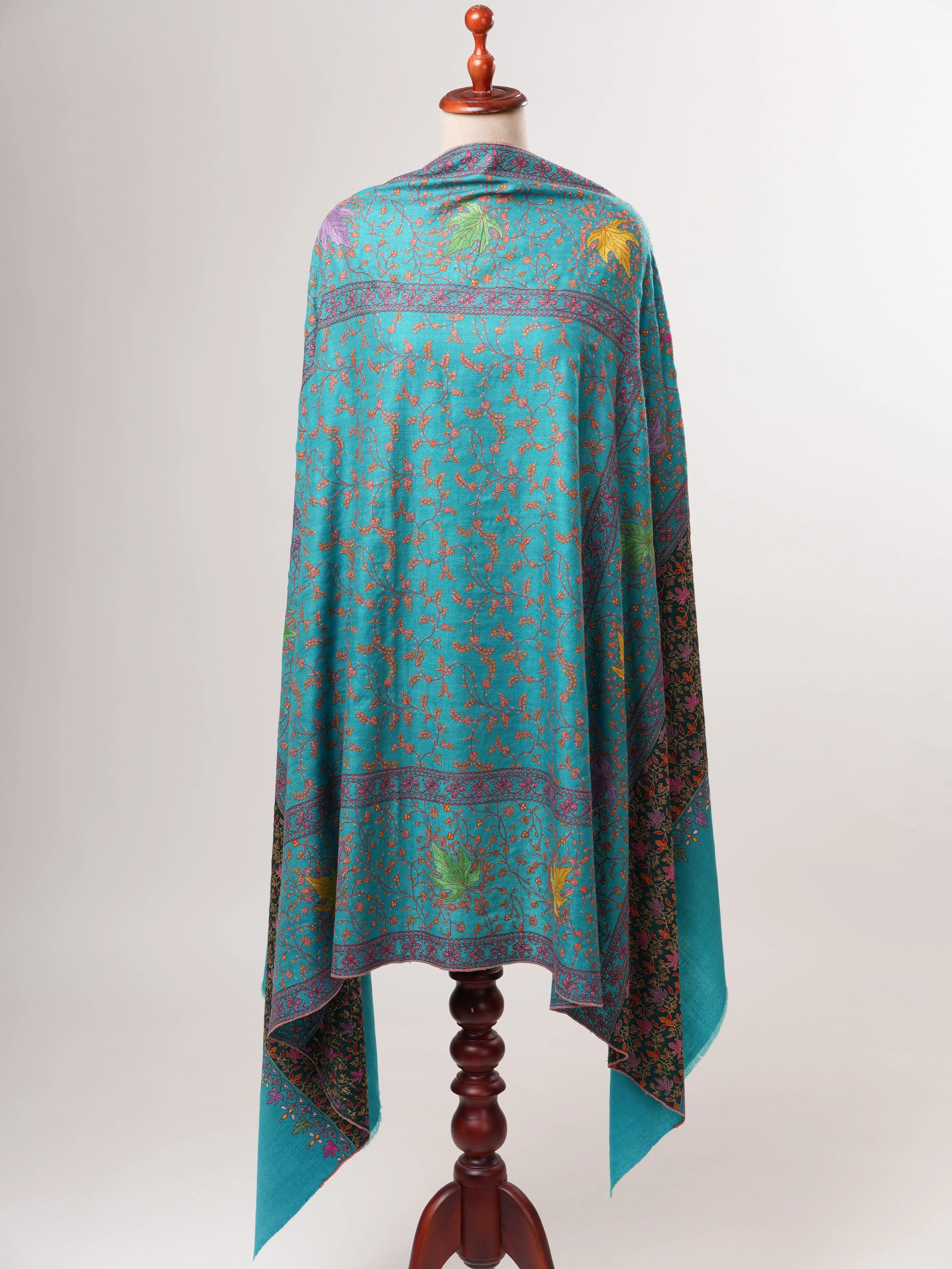 Turquoise Kashmiri Pashmina Shawl with Hand Embroidered Jali & Chinar Motifs Shahkaar