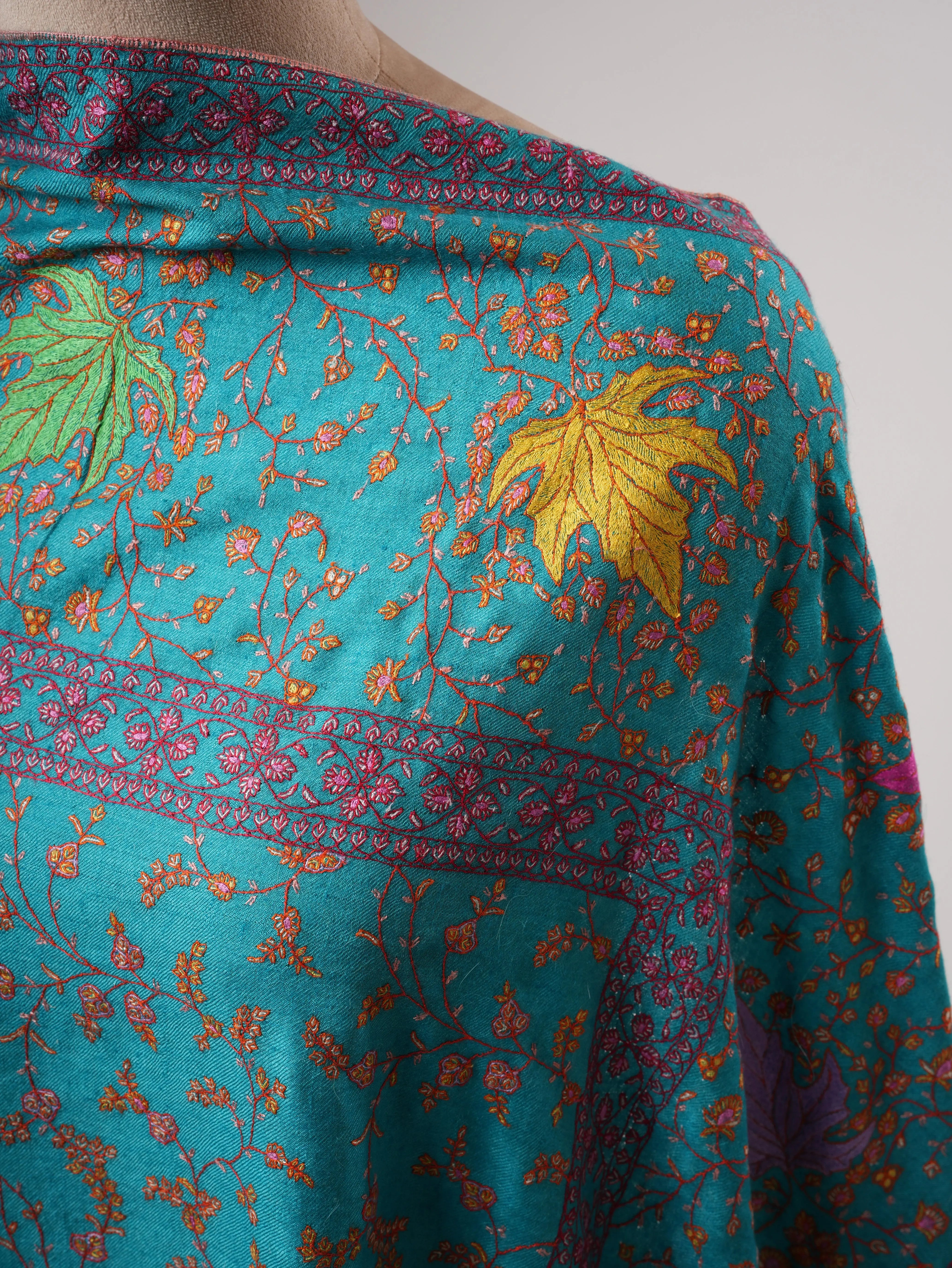 Turquoise Kashmiri Pashmina Shawl with Hand Embroidered Jali & Chinar Motifs Shahkaar